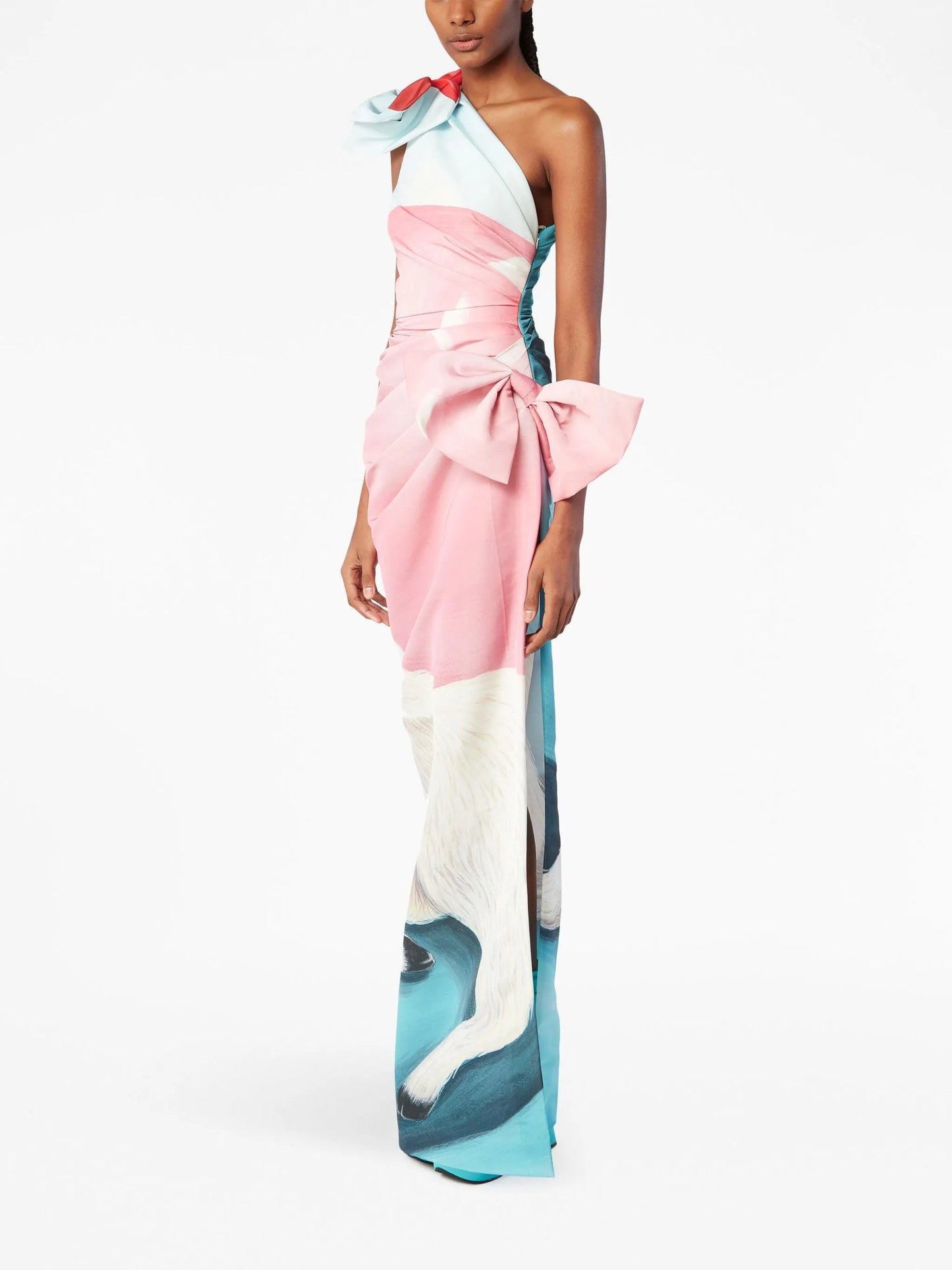 oversized-bow one-shoulder gown