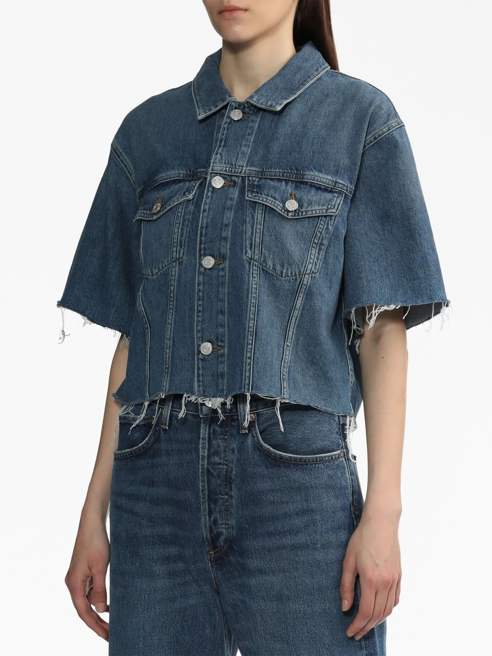short-sleeve frayed denim jacket