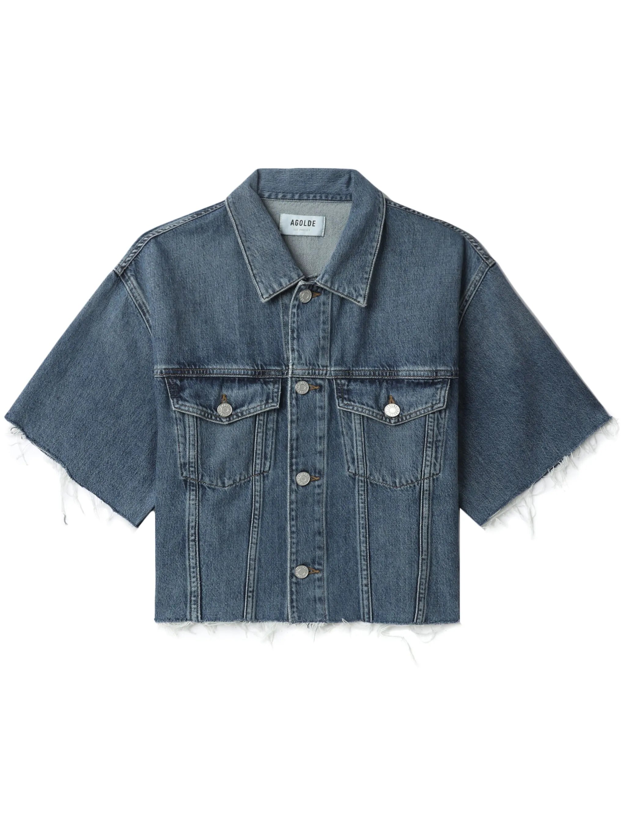 short-sleeve frayed denim jacket