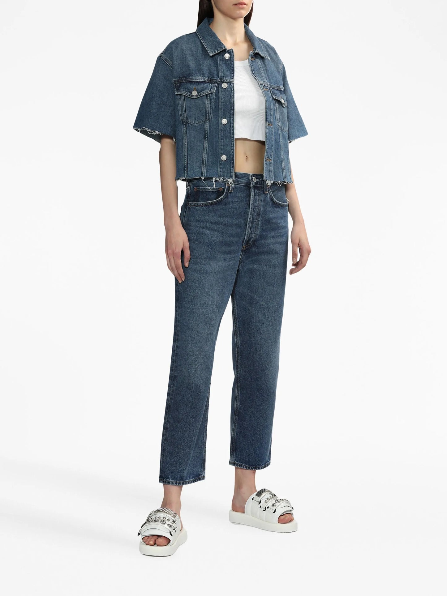 short-sleeve frayed denim jacket
