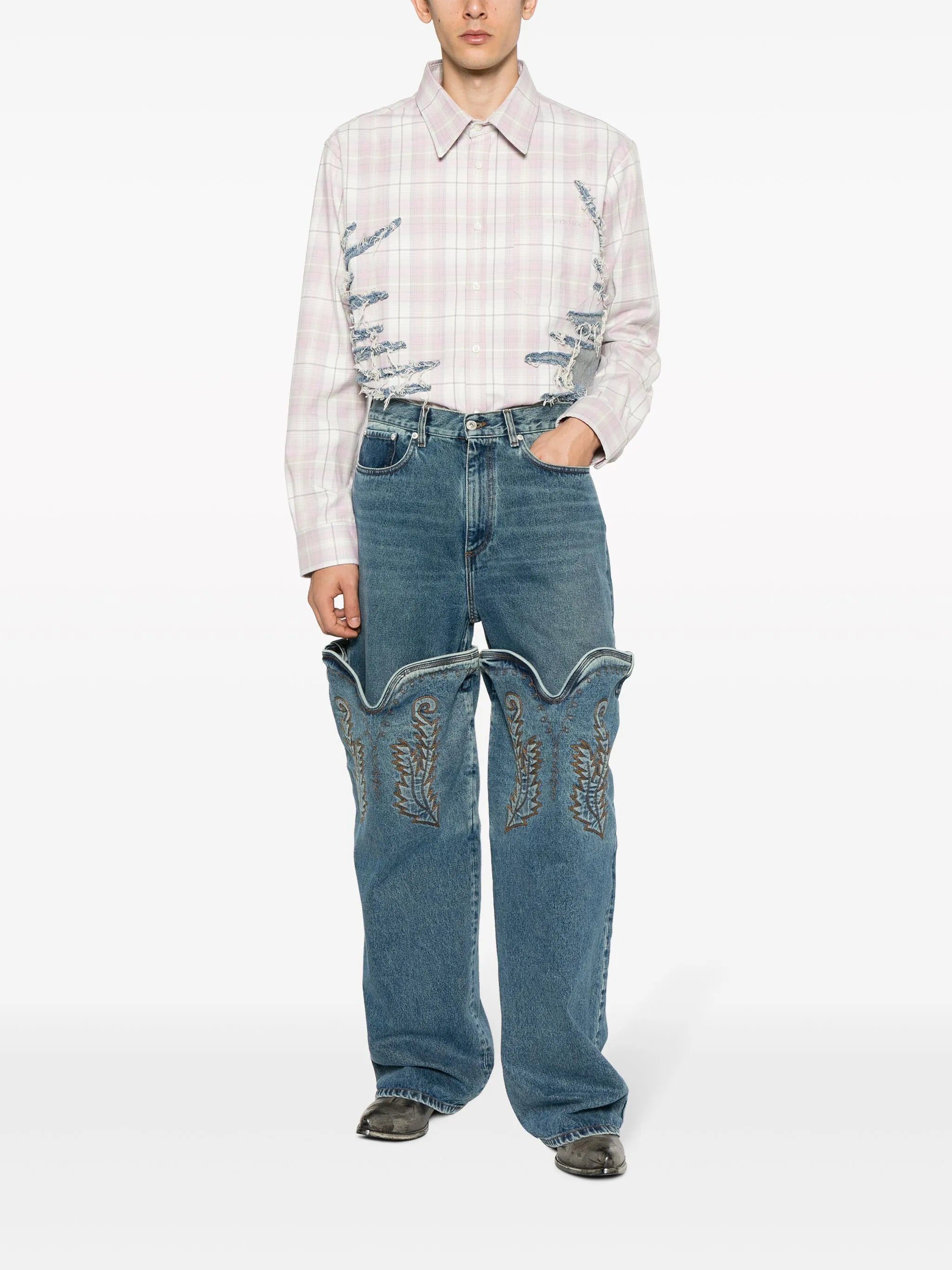 whisker-embroidered check shirt