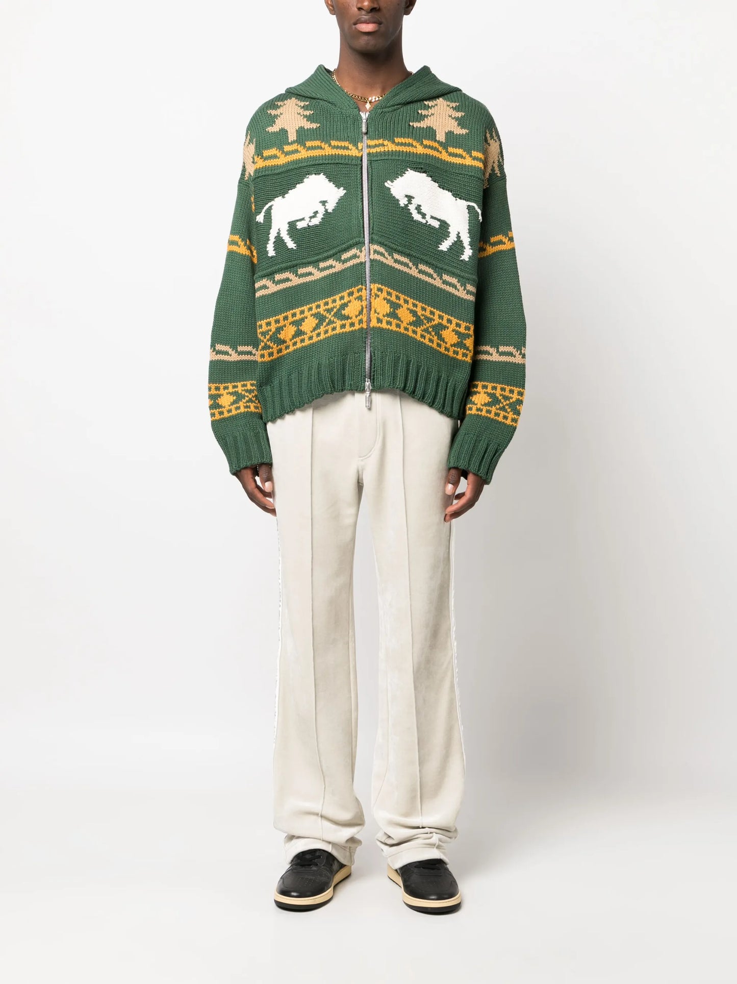 patterned intarsia zip-up hoodie