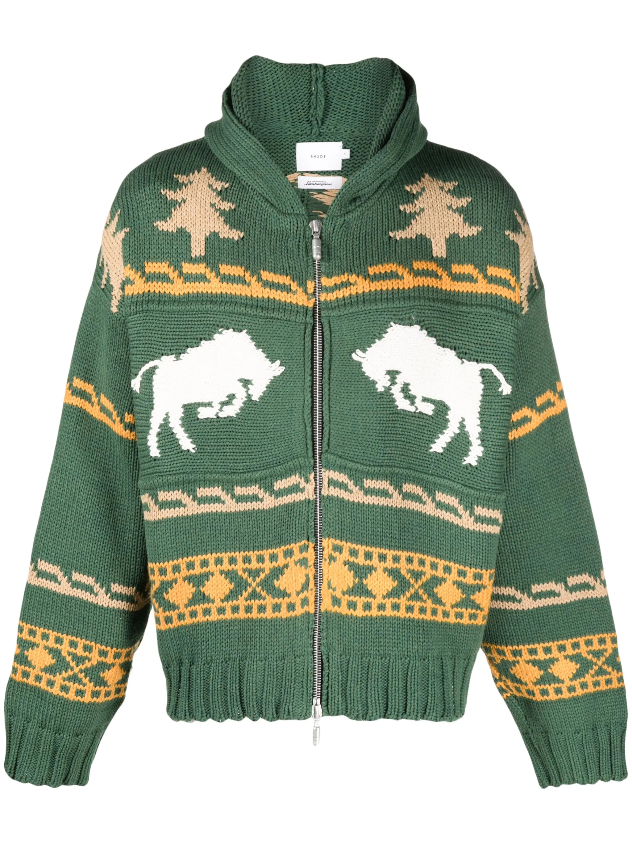 patterned intarsia zip-up hoodie