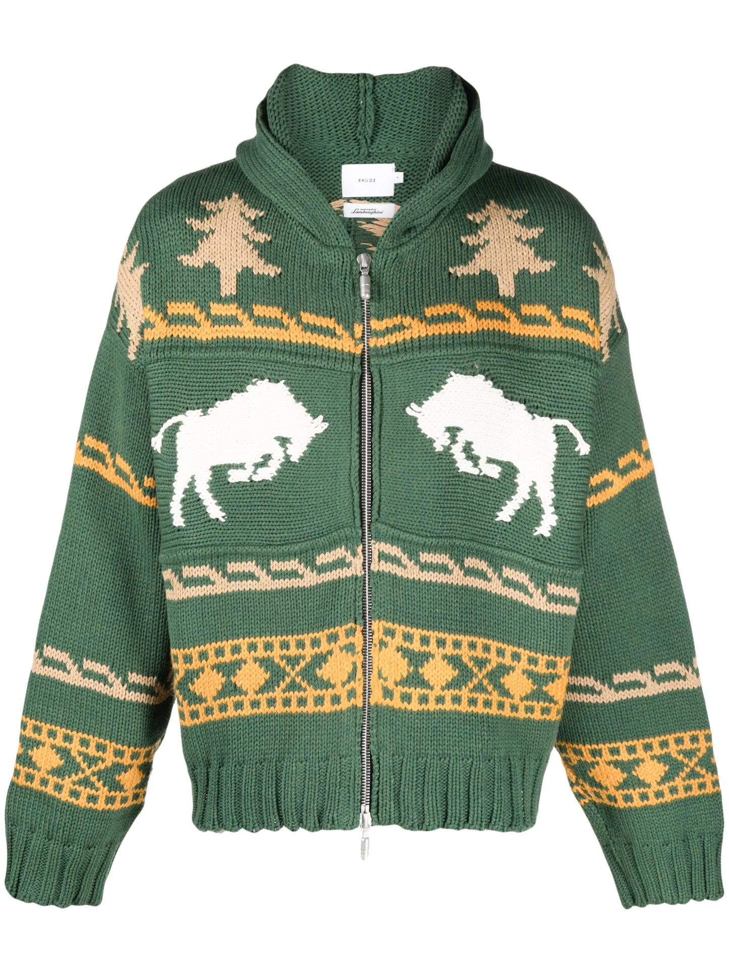 patterned intarsia zip-up hoodie