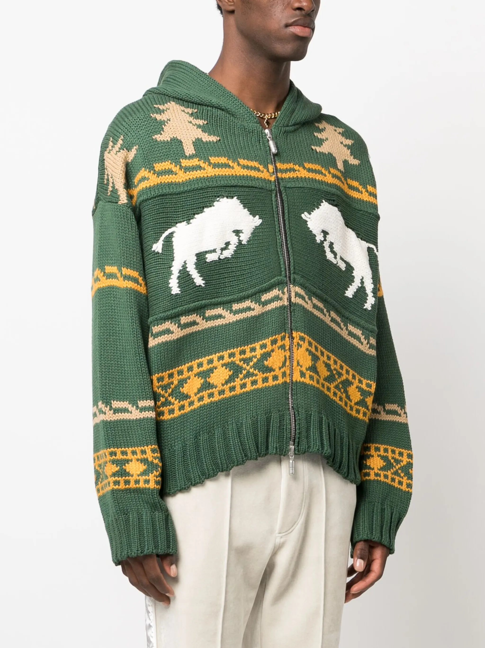 patterned intarsia zip-up hoodie