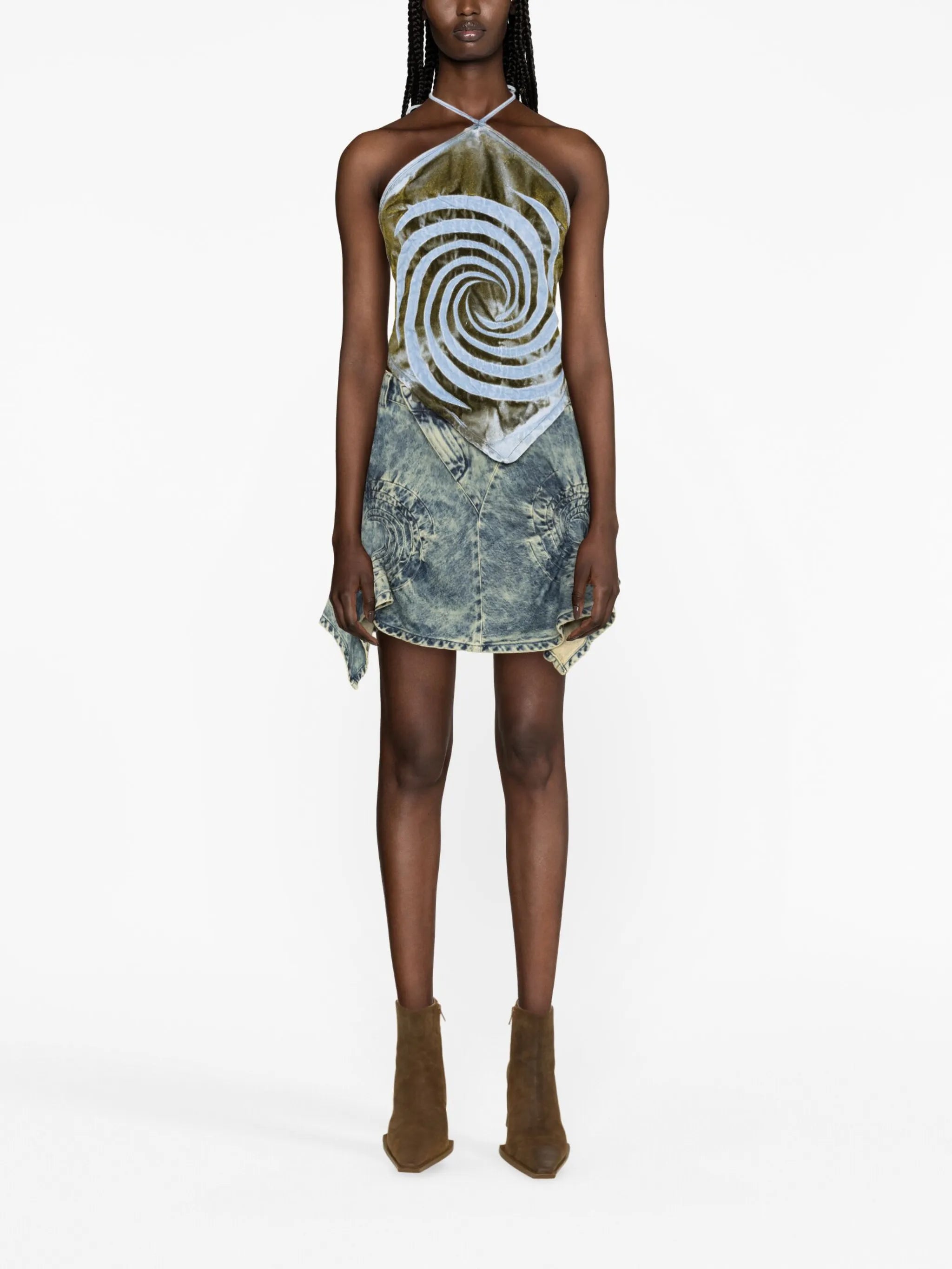 Swirl halterneck denim top