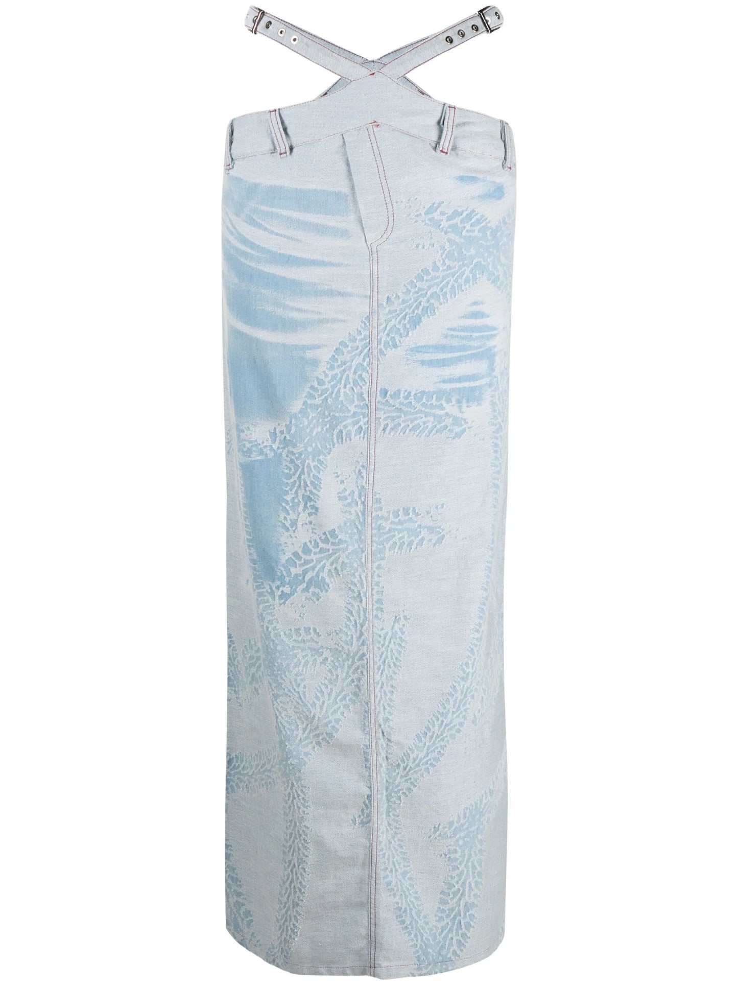 tire-marks denim midi skirt