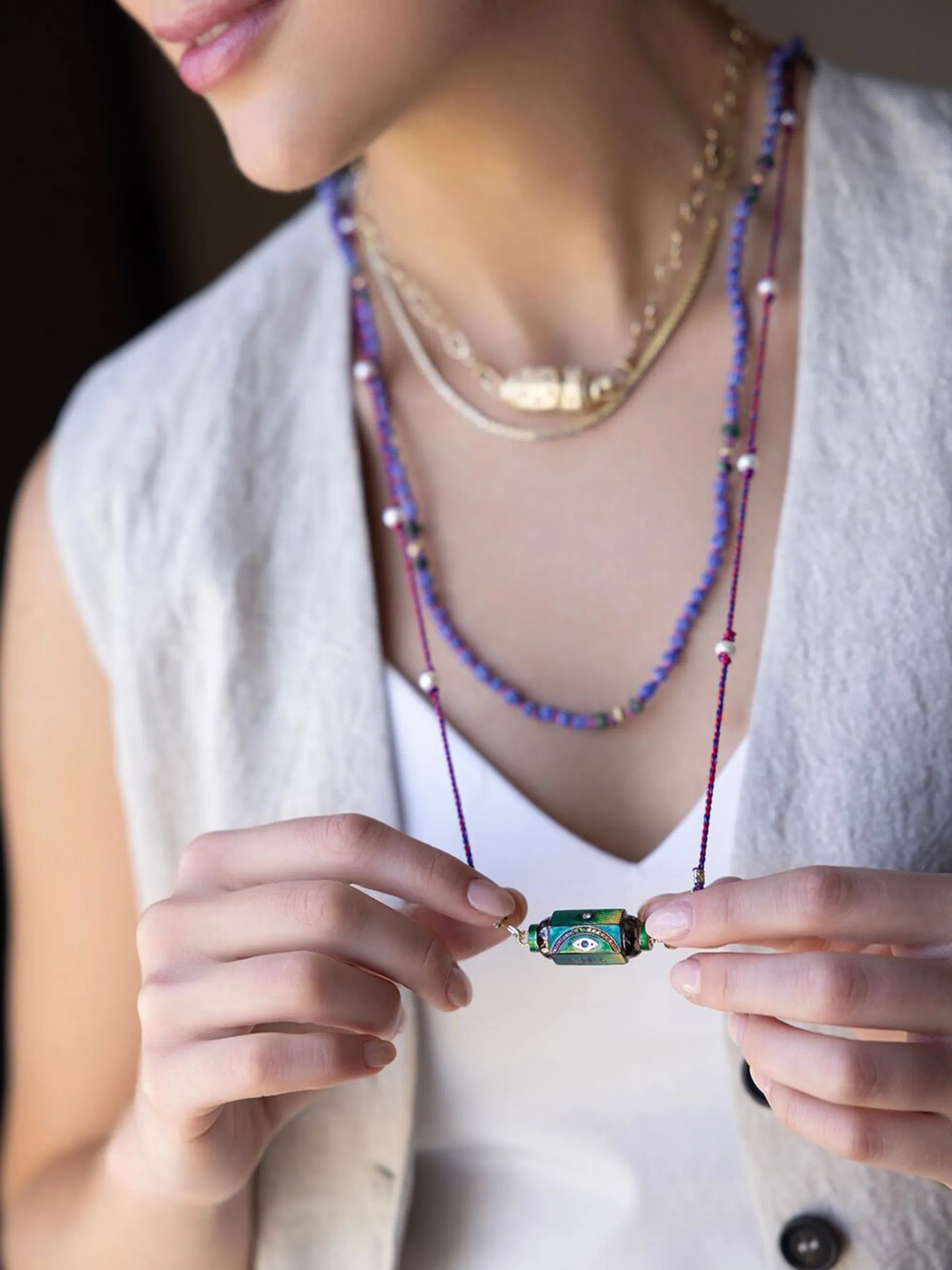 14kt gold Eye Will Love Locket diamond and multi-stone necklace