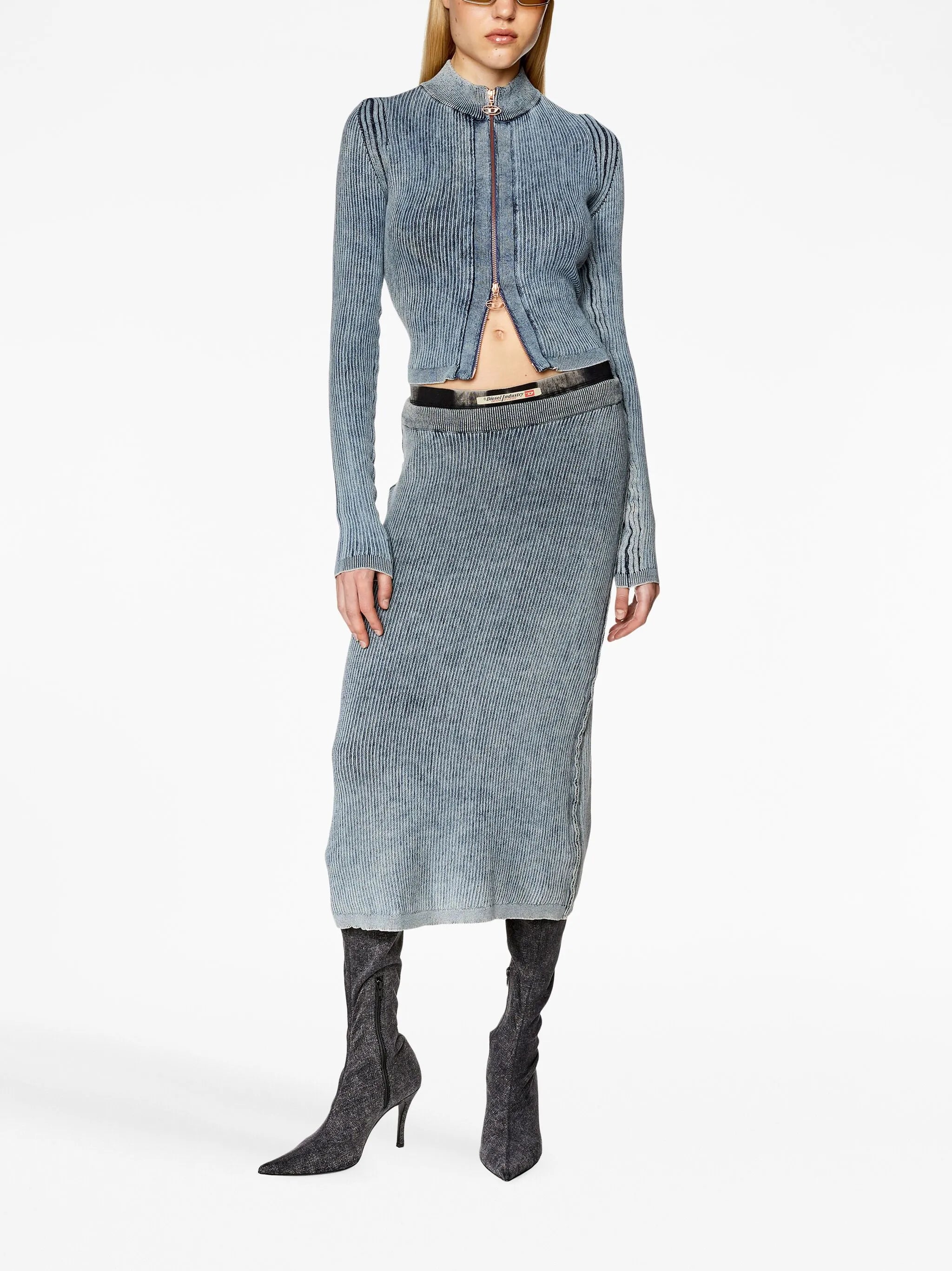 M-Arki elasticated-waistband ribbed midi skirt