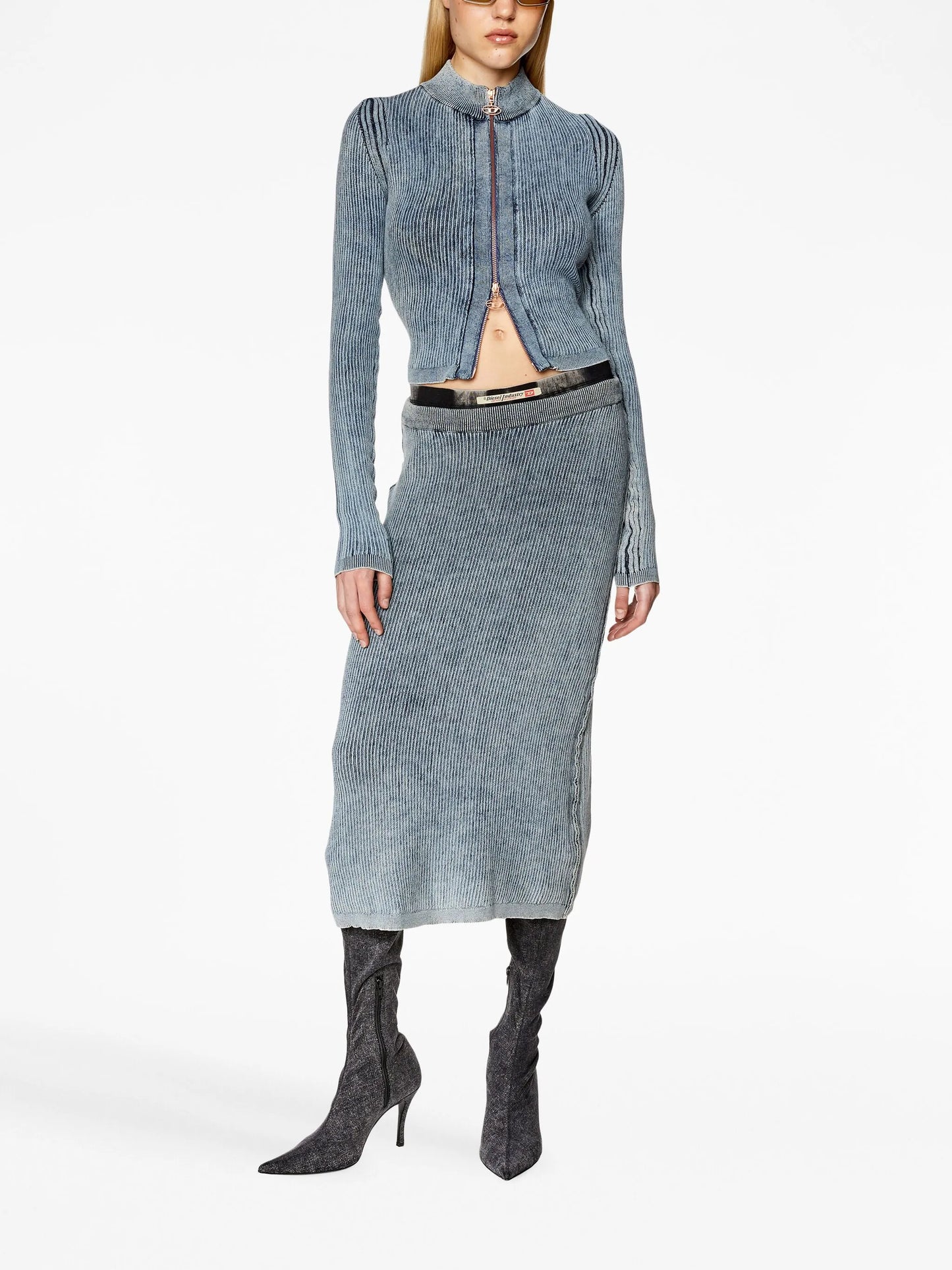 M-Arki elasticated-waistband ribbed midi skirt