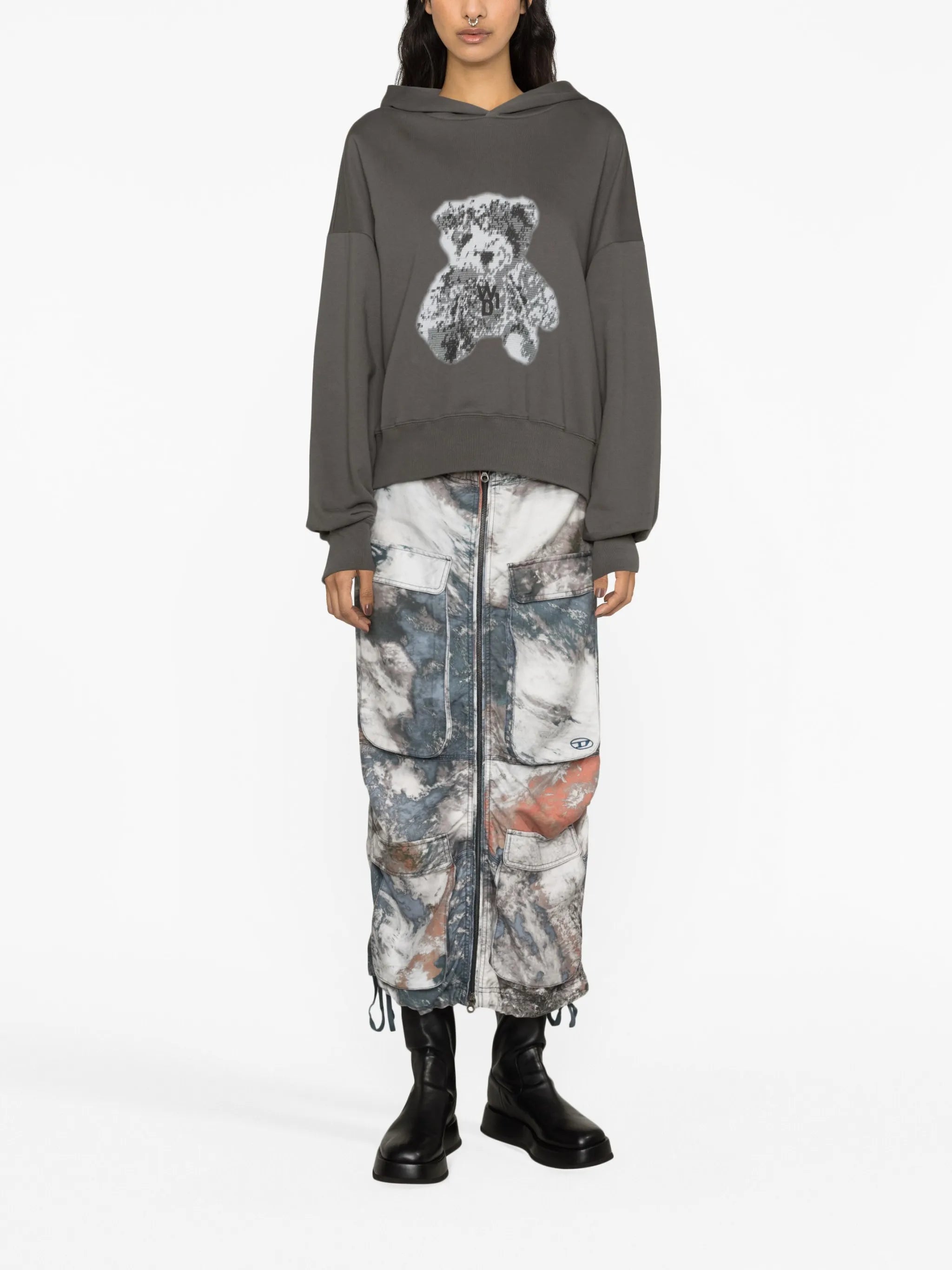 pixel teddy-print cotton hoodie