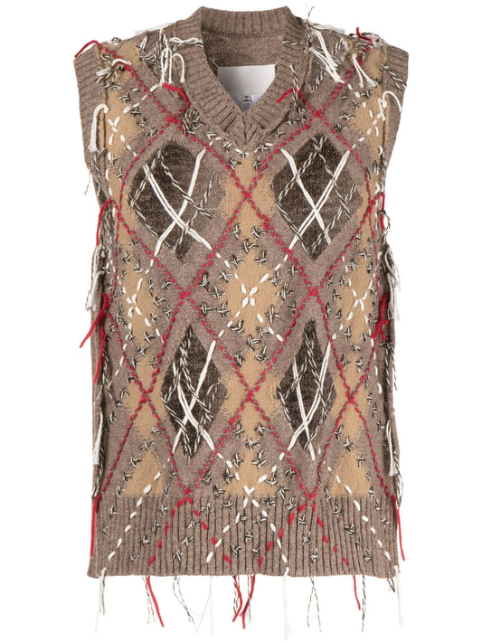 cut-out intarsia-knit vest