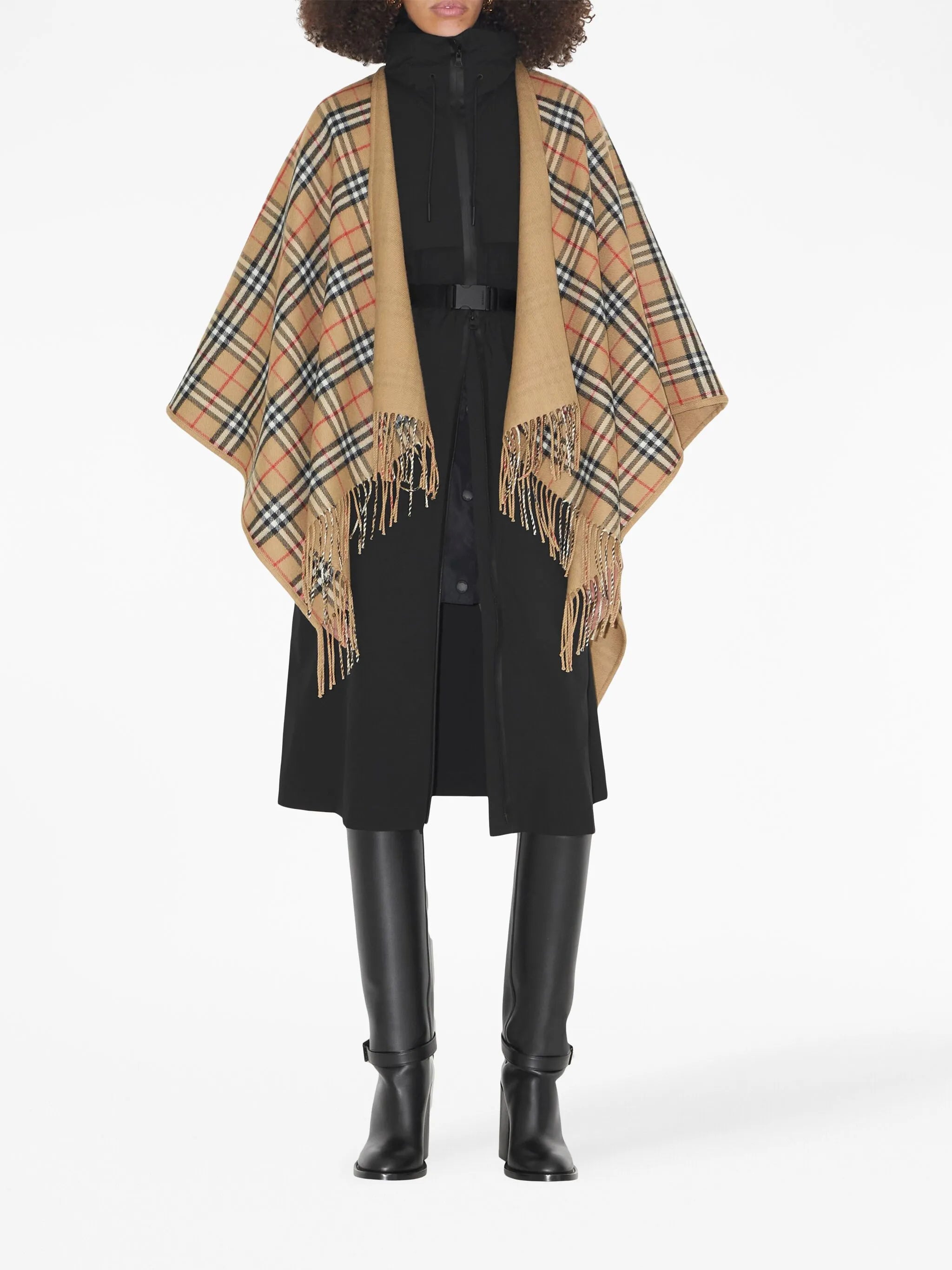 Check-pattern reversible wool cape