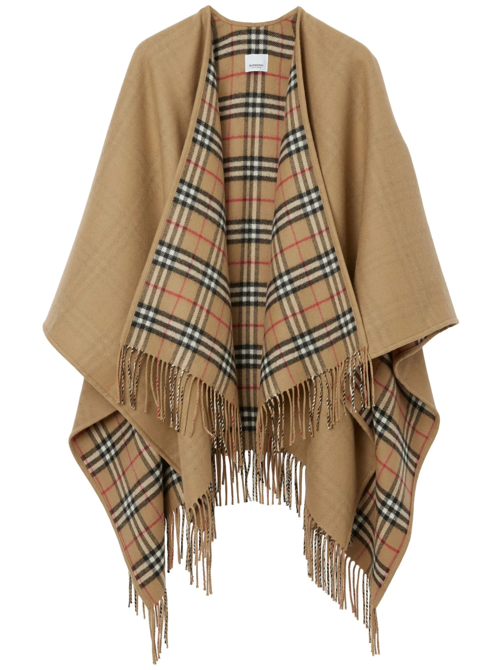 Check-pattern reversible wool cape