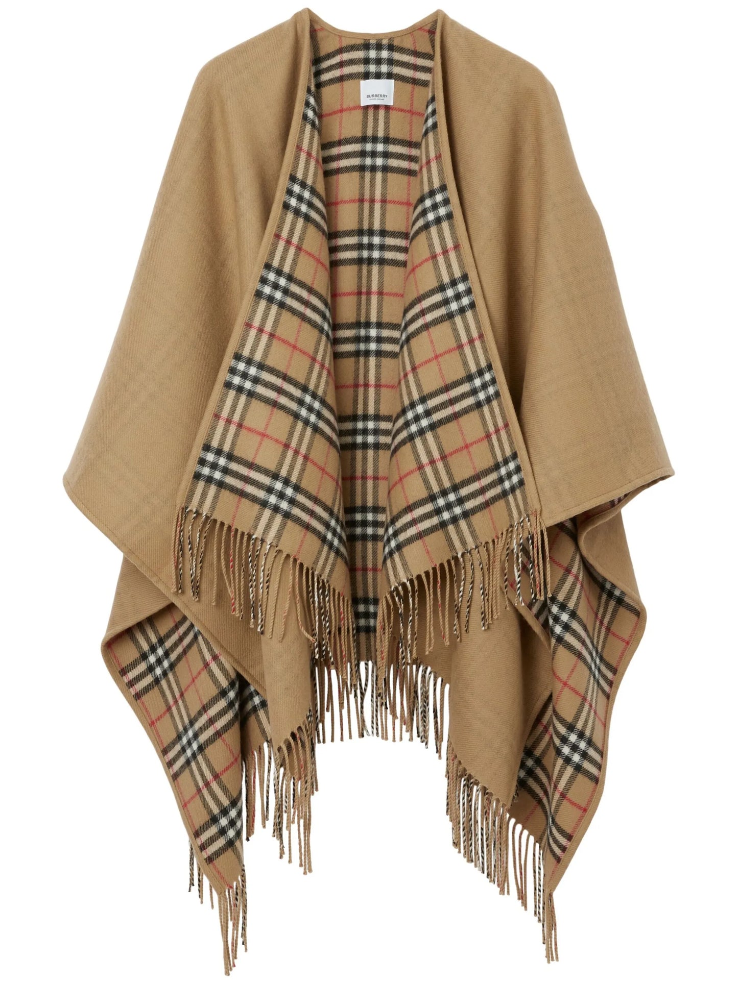 Check-pattern reversible wool cape