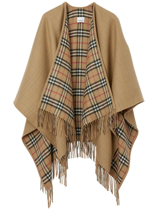 Check-pattern reversible wool cape