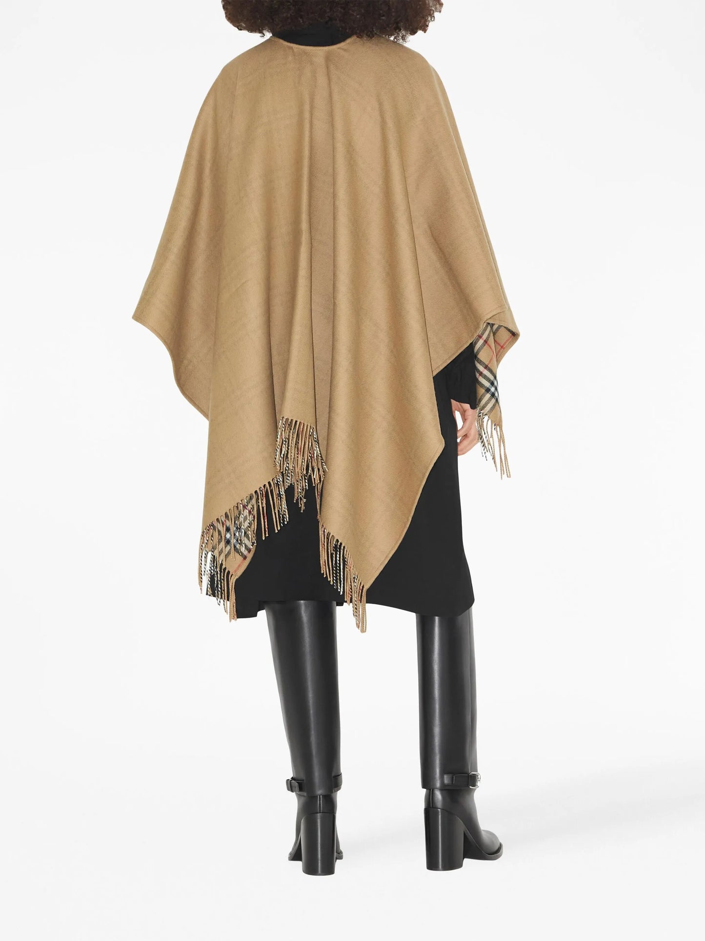 Check-pattern reversible wool cape