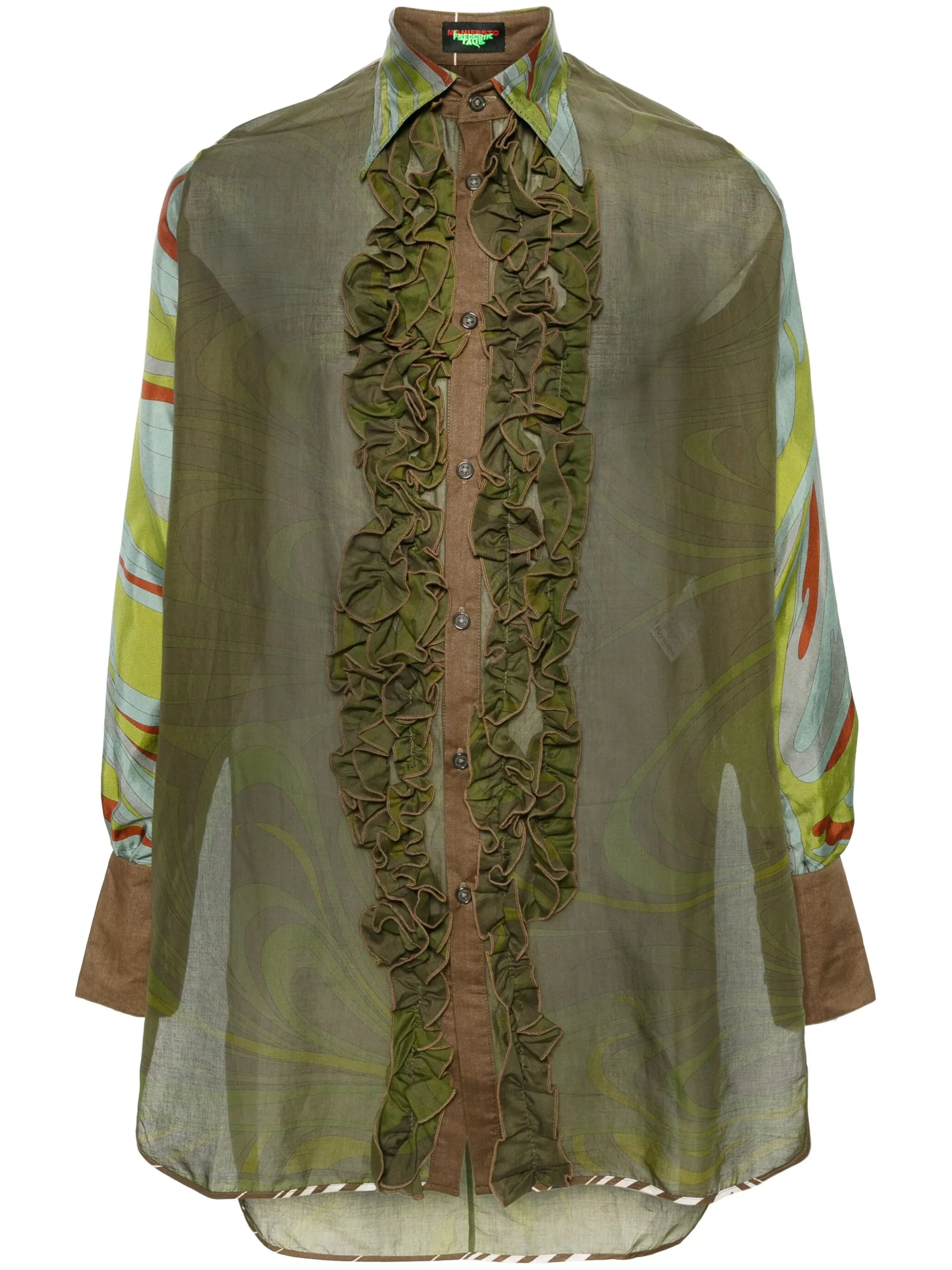 abstract-print semi-sheer shirt