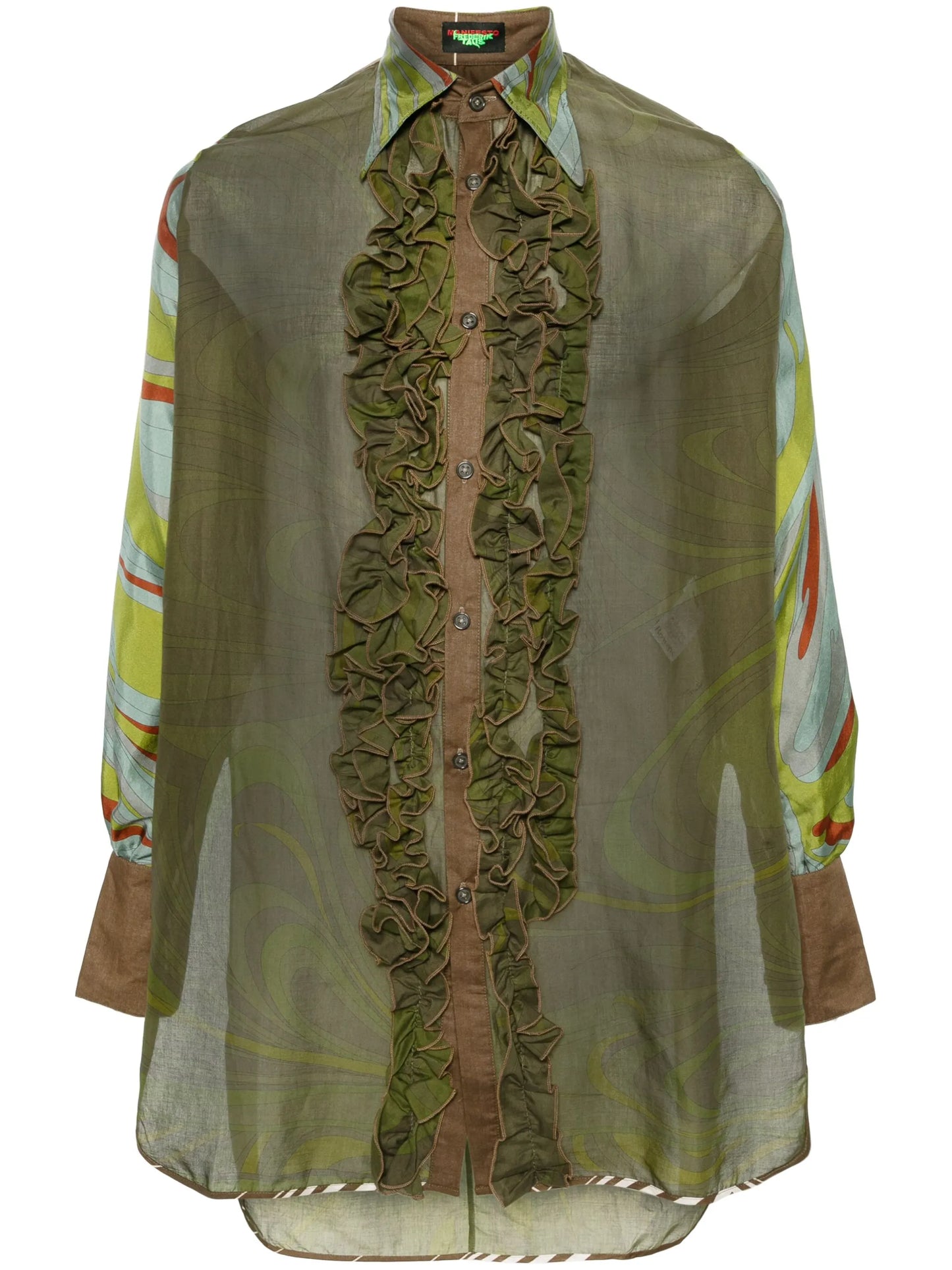 abstract-print semi-sheer shirt