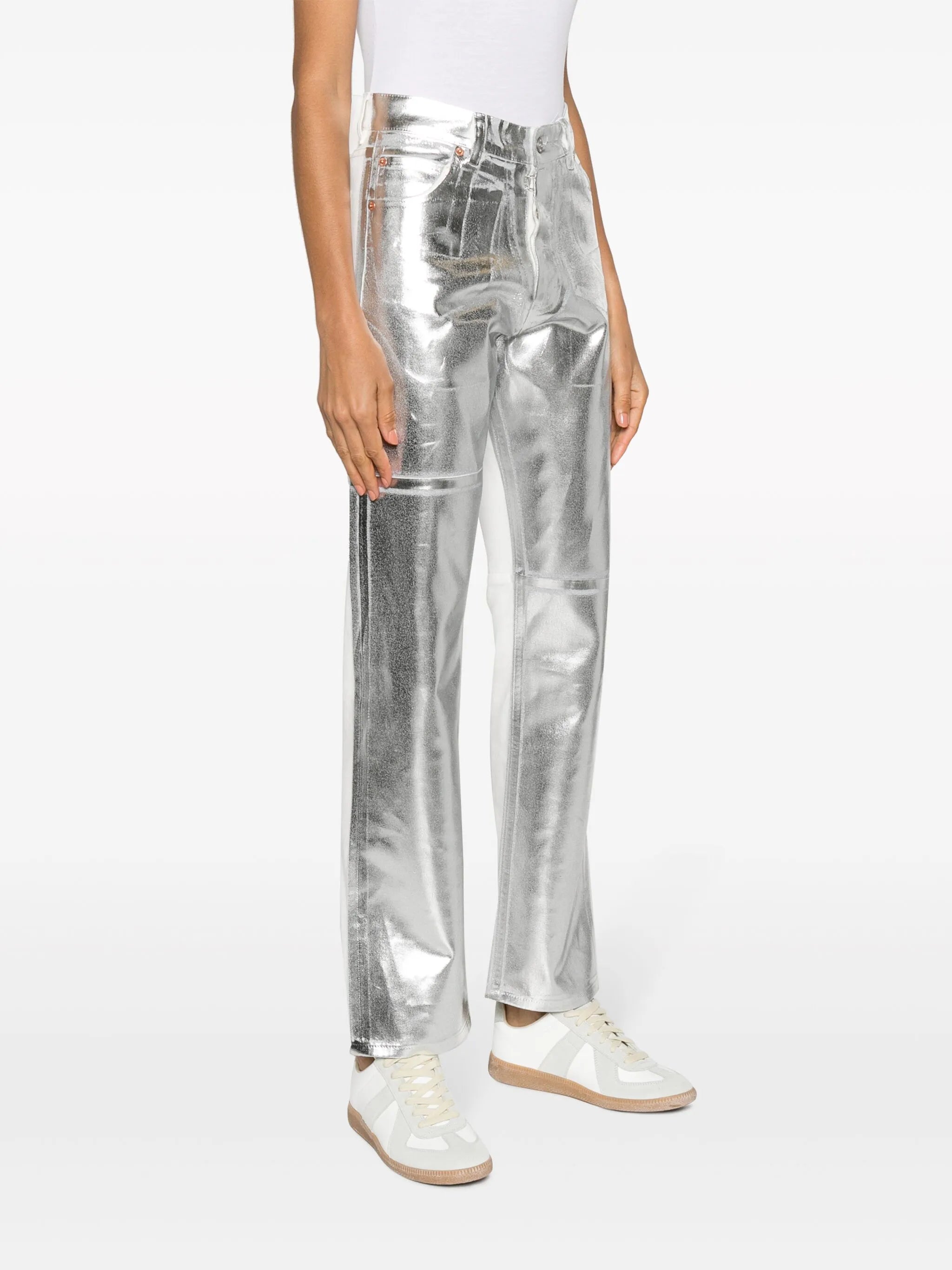 foiled-effect tapered-leg jeans