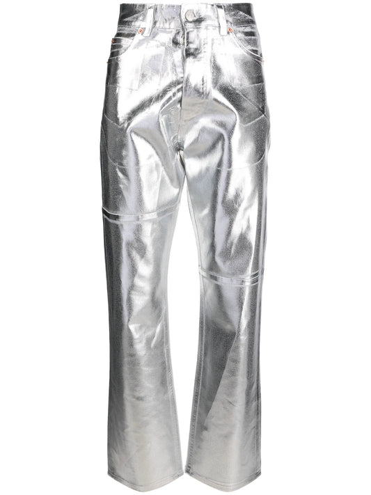 foiled-effect tapered-leg jeans