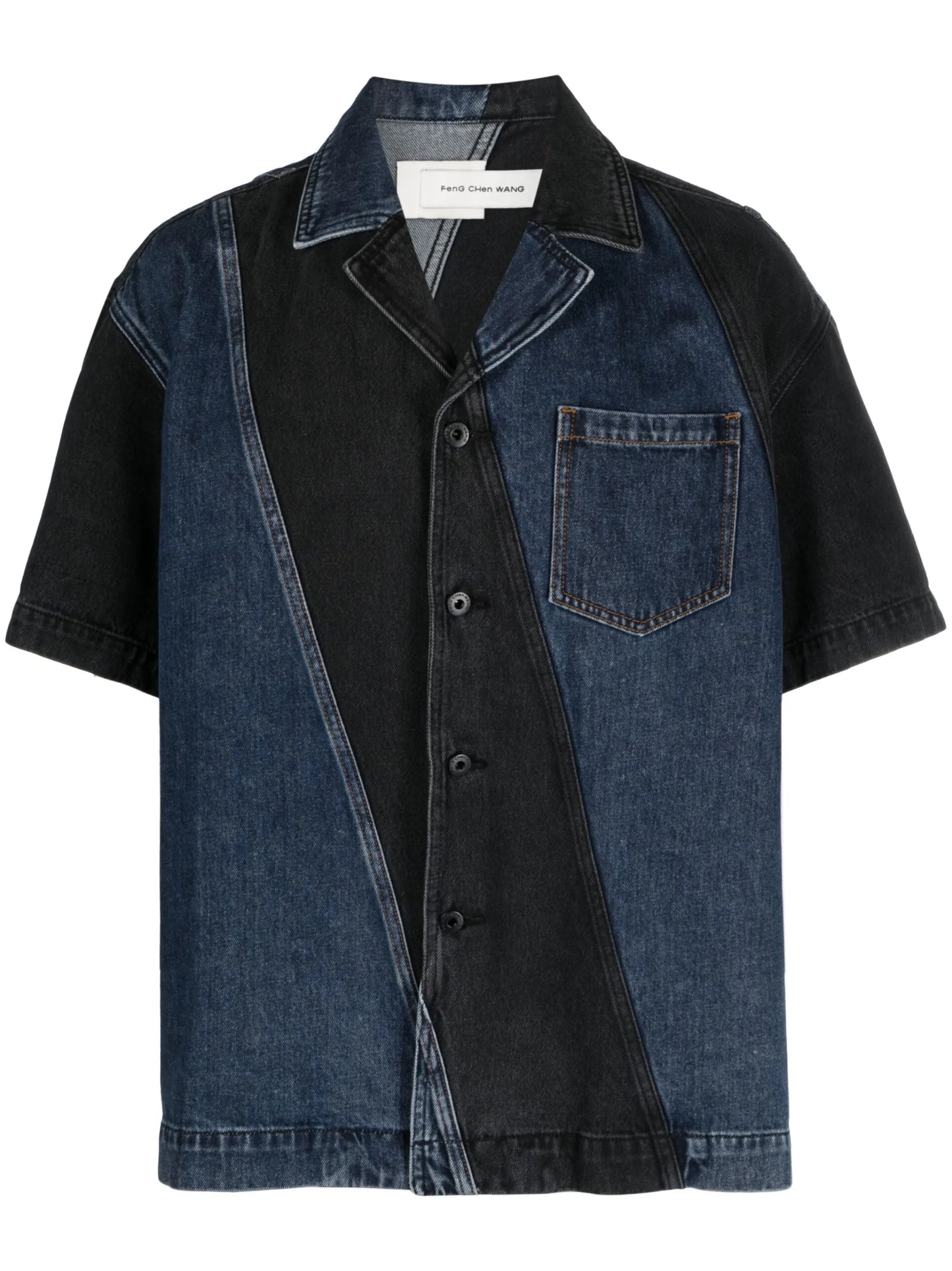 diagonal-striped short-sleeved denim shirt