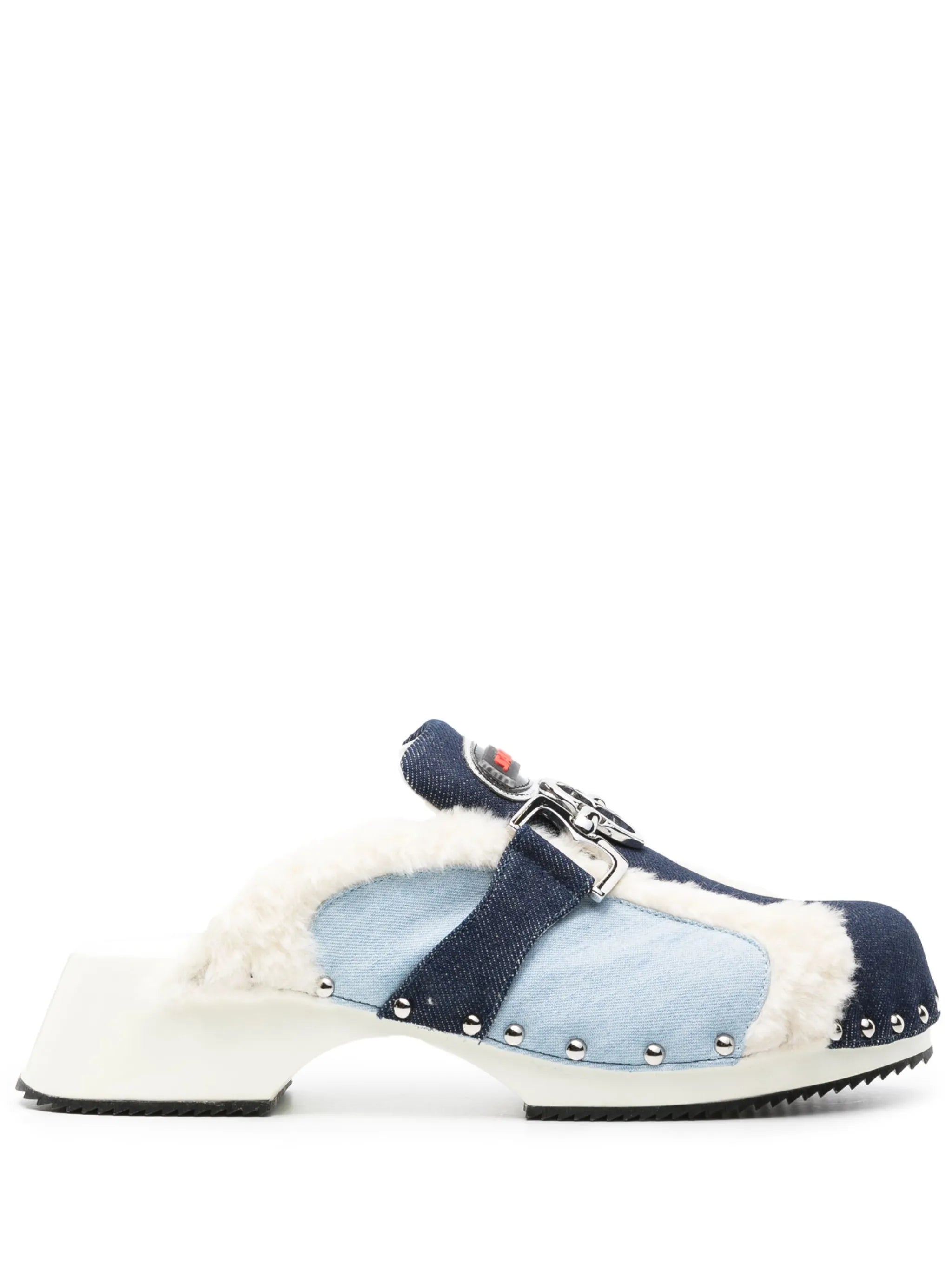 faux-fur trim denim mules