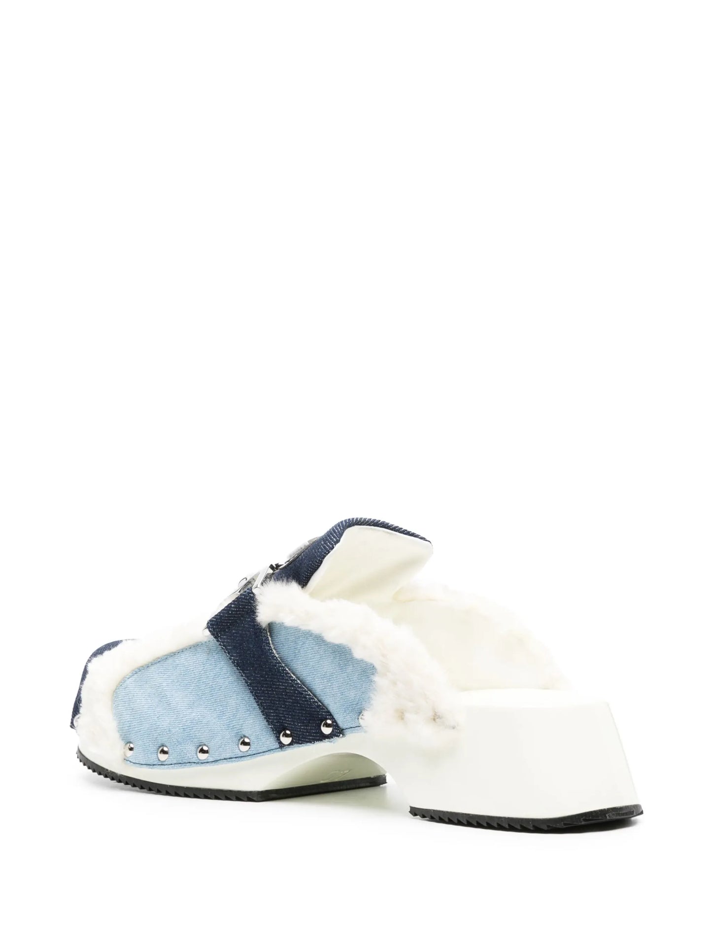 faux-fur trim denim mules