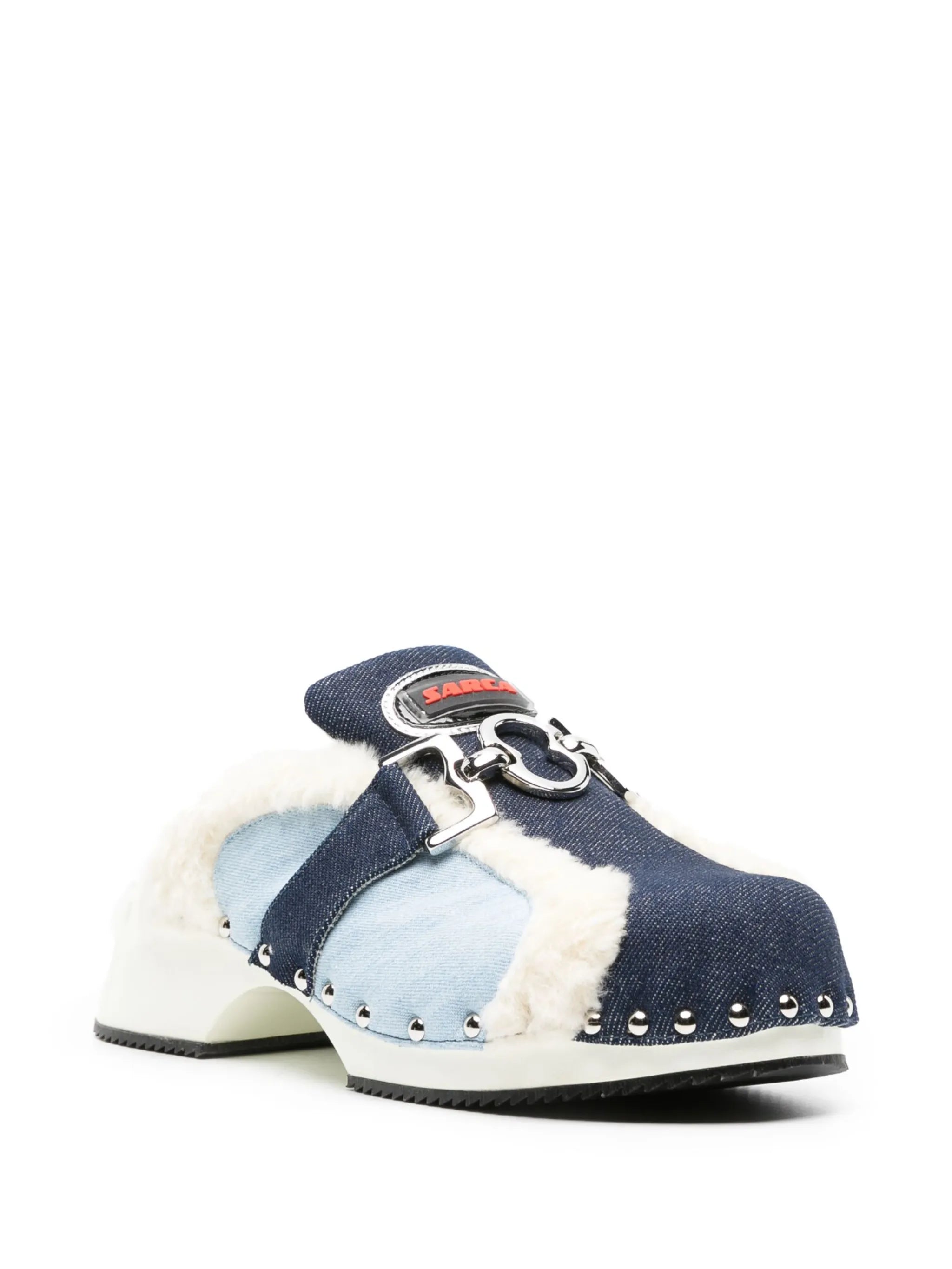 faux-fur trim denim mules