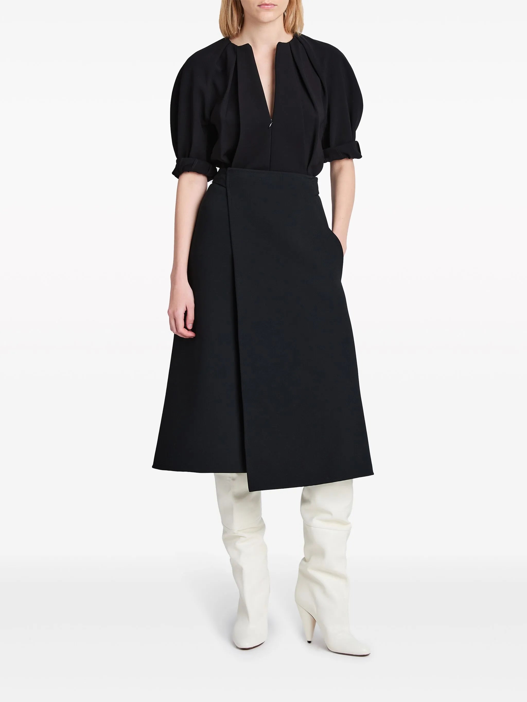 wraparound high-waist midi skirt