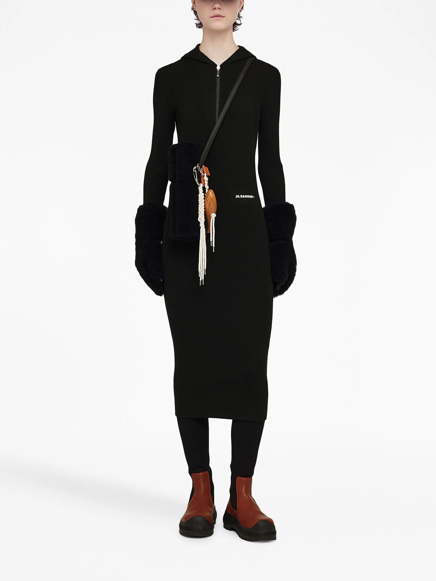 ribbed-knit hooded midi dress