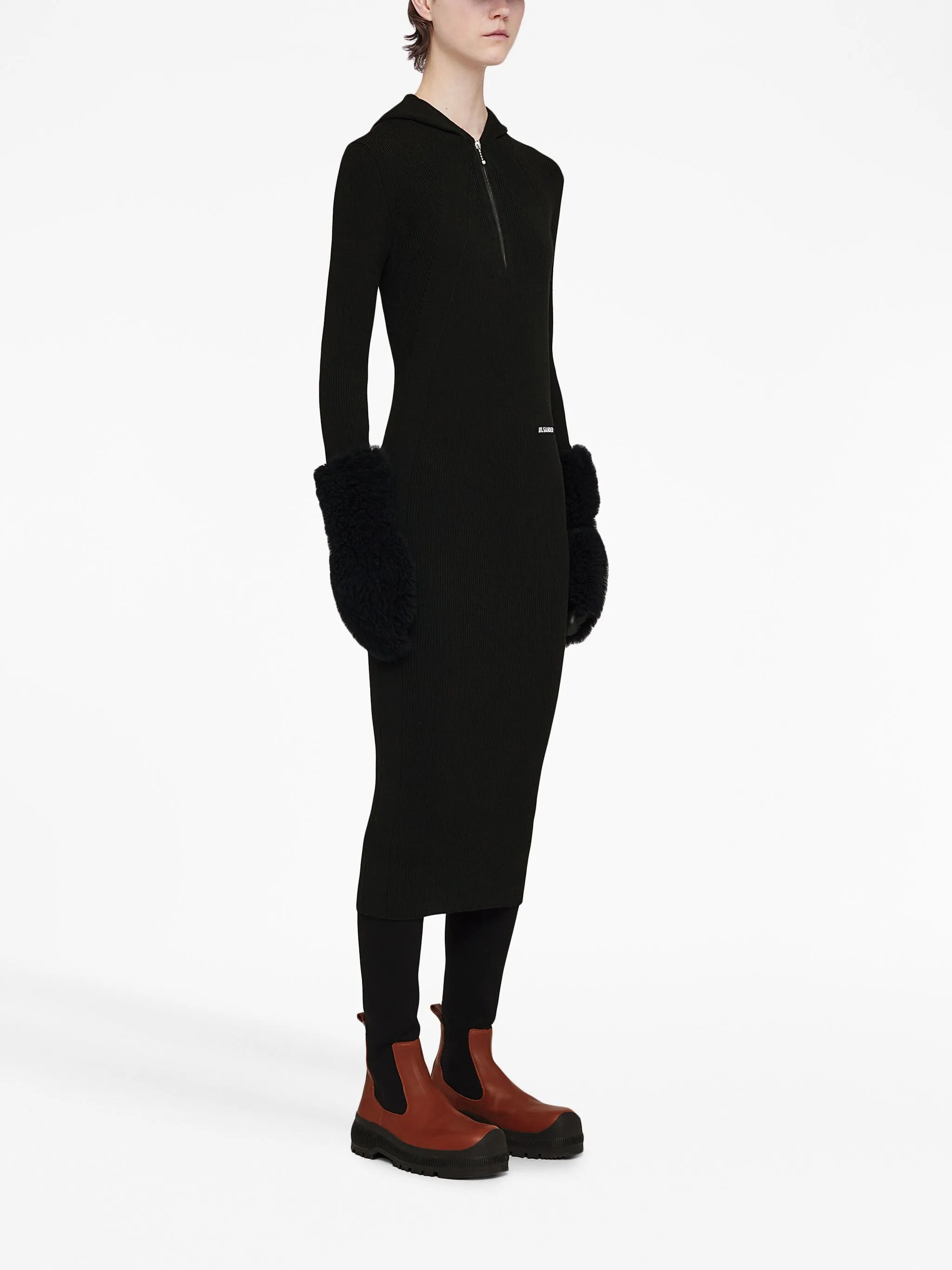 ribbed-knit hooded midi dress