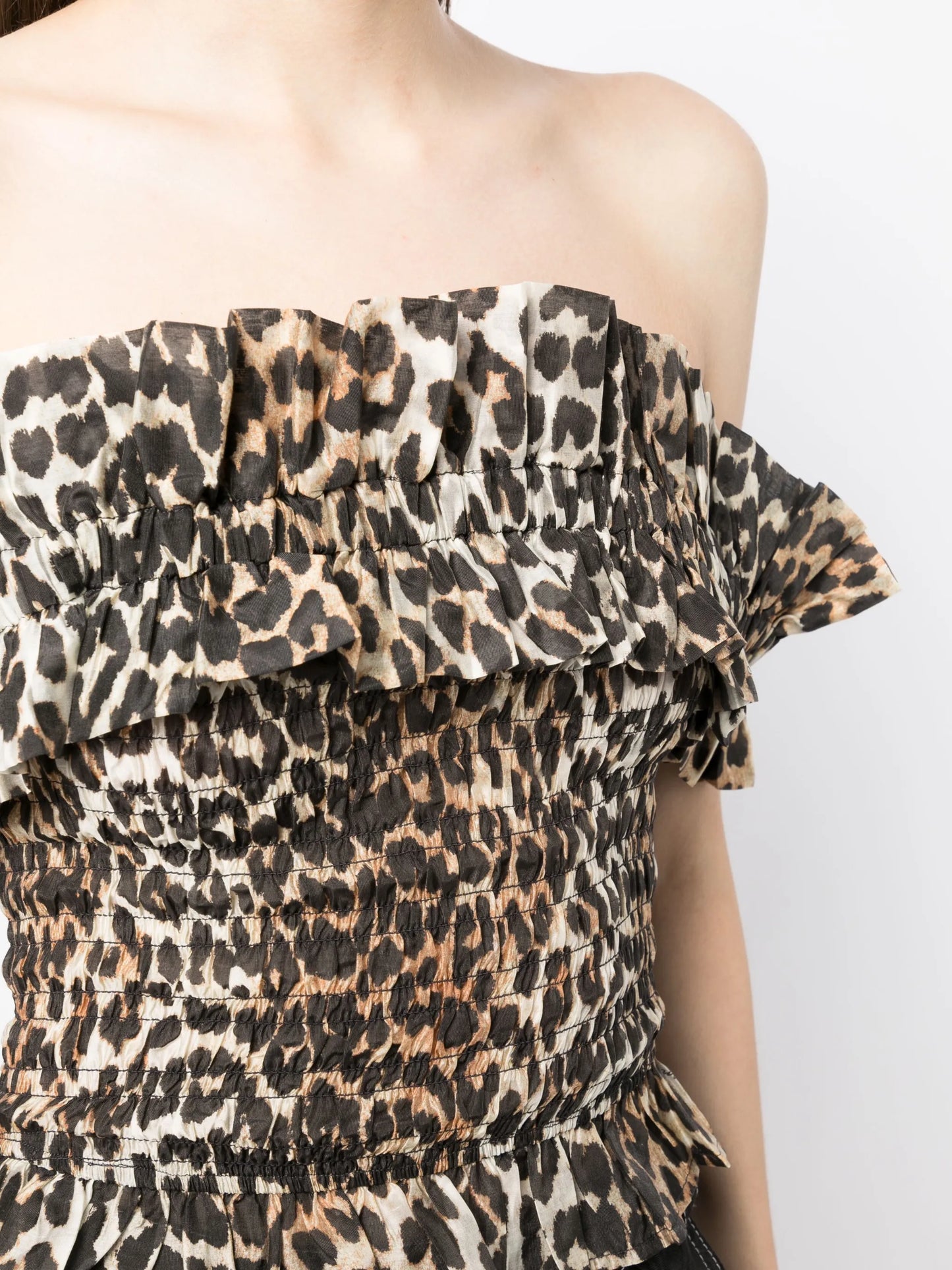 leopard-print smocked off-shoulder top