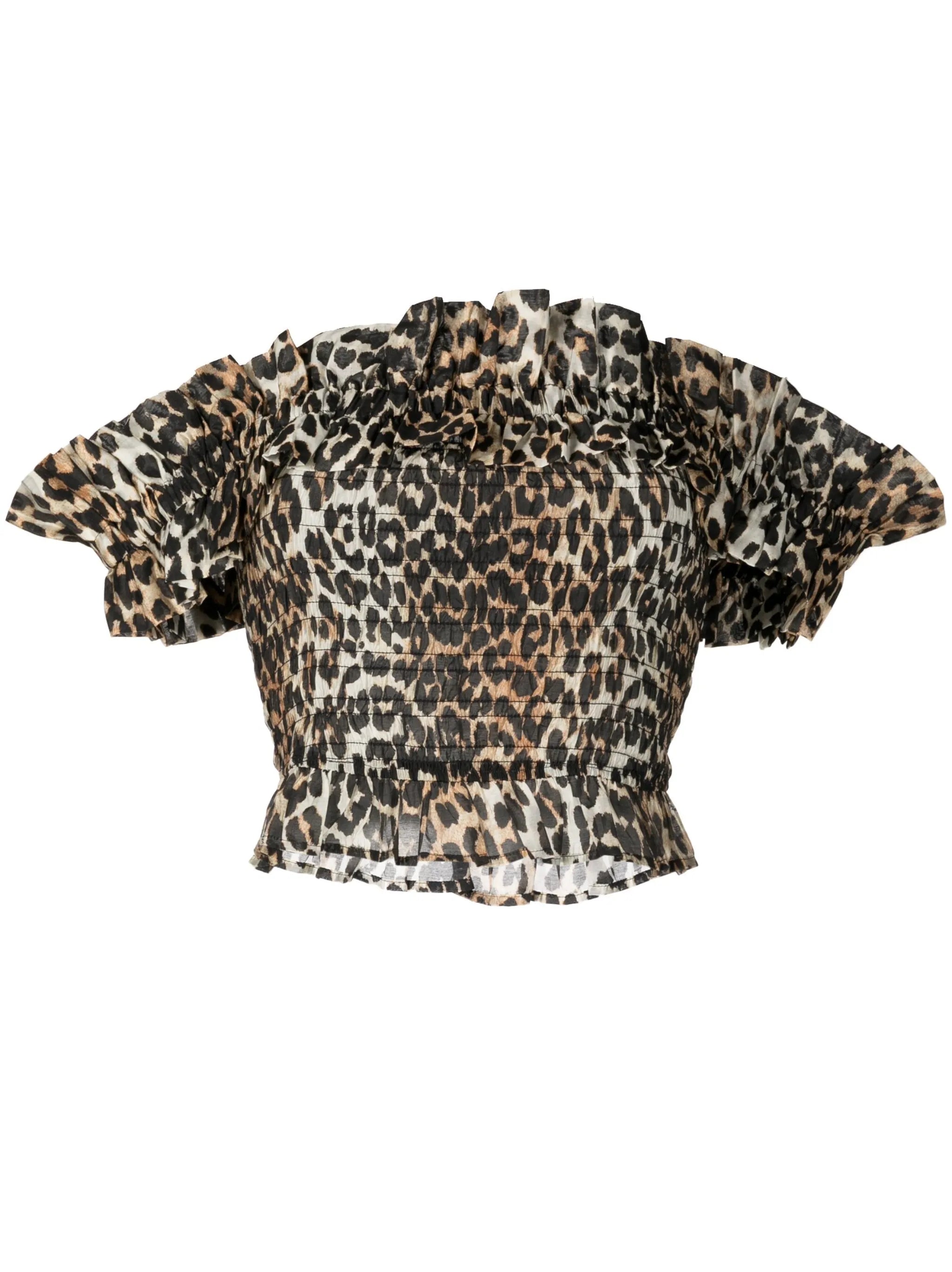 leopard-print smocked off-shoulder top