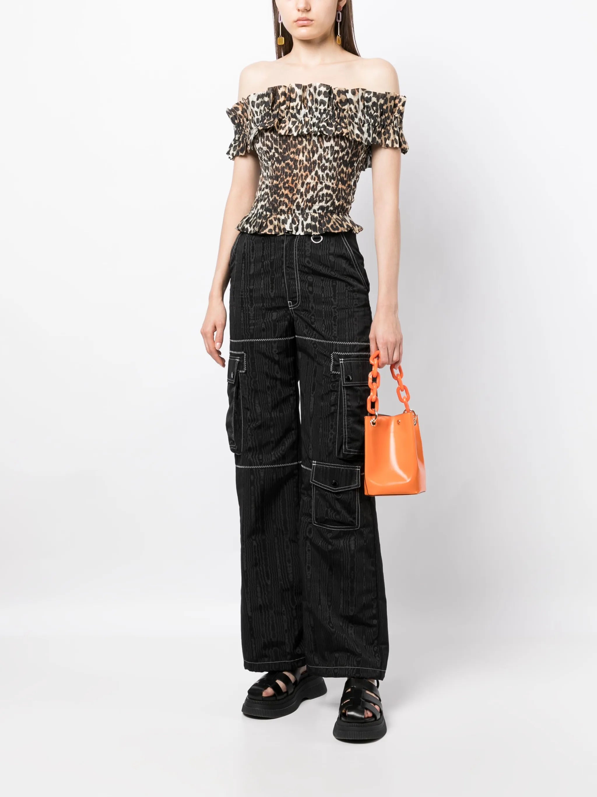 leopard-print smocked off-shoulder top