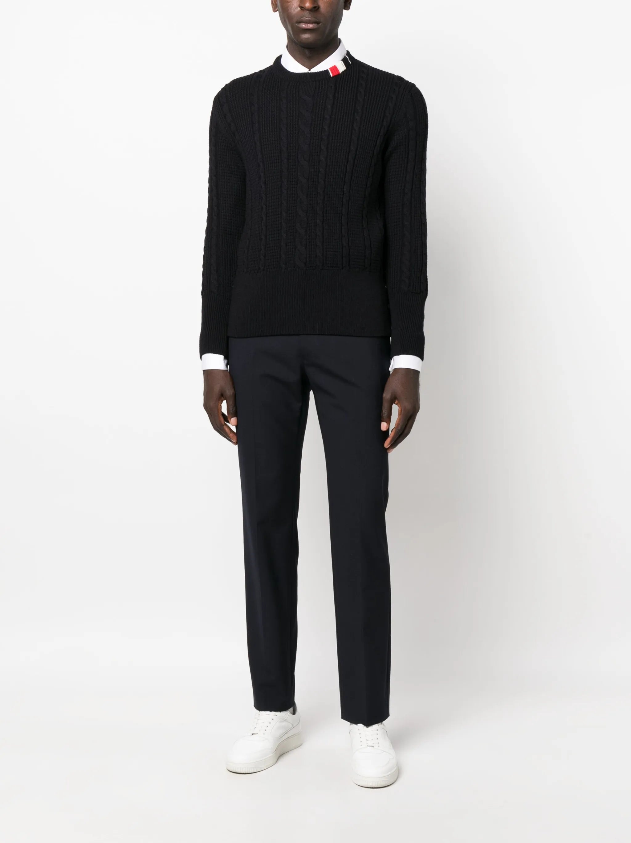 RWB-stripe cable-knit wool jumper