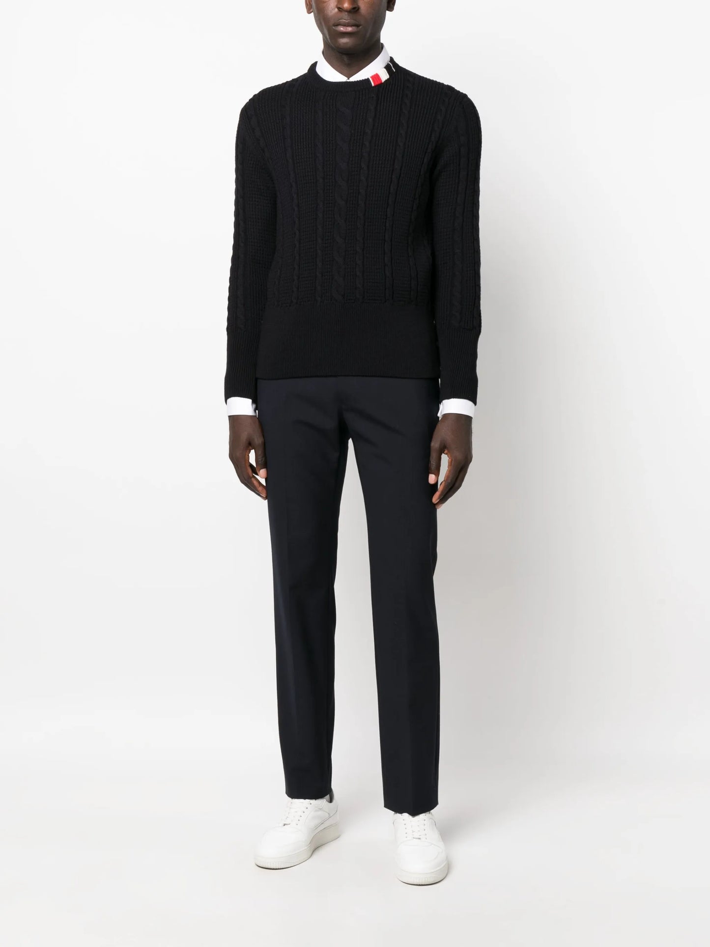 RWB-stripe cable-knit wool jumper