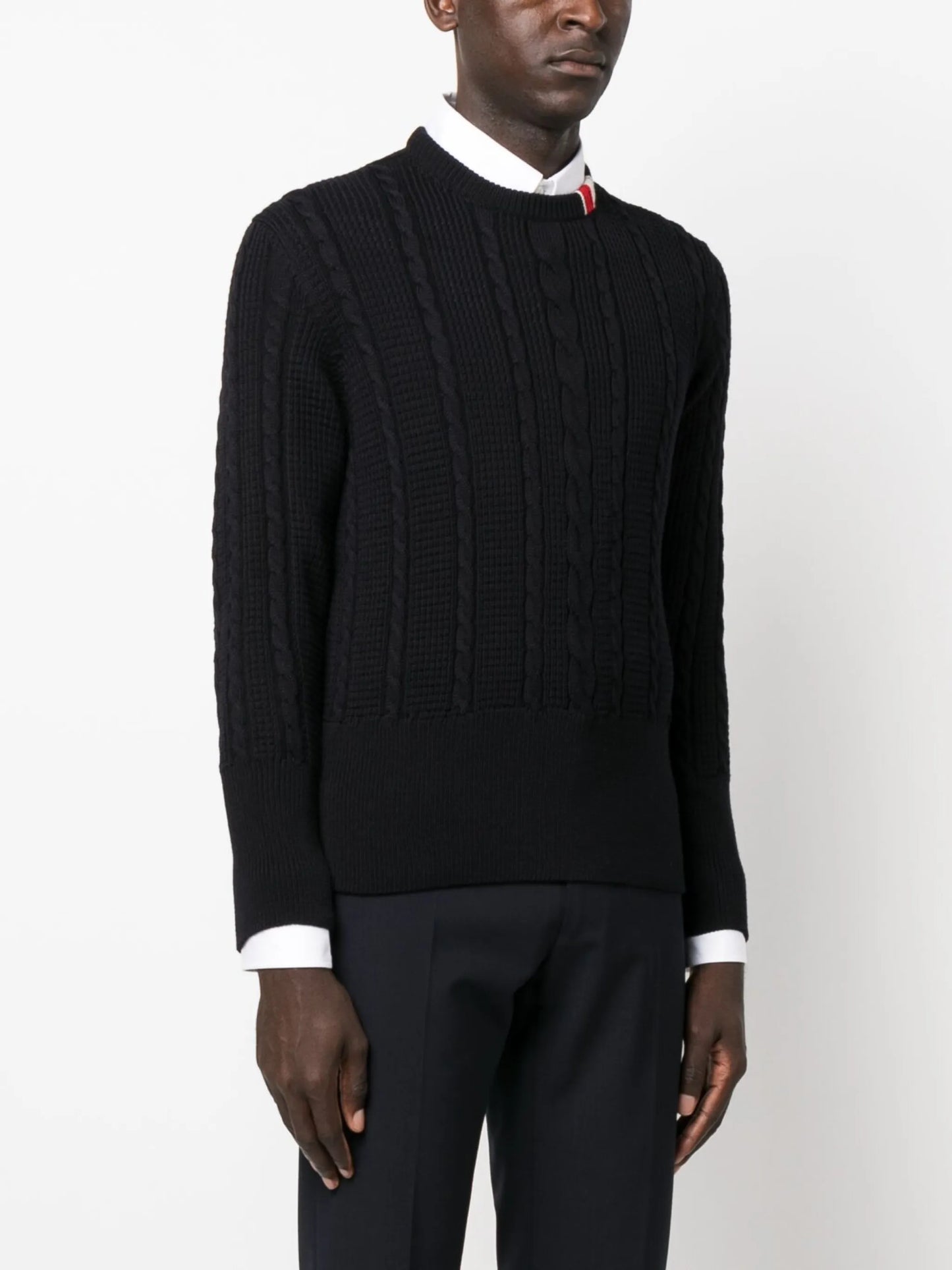 RWB-stripe cable-knit wool jumper