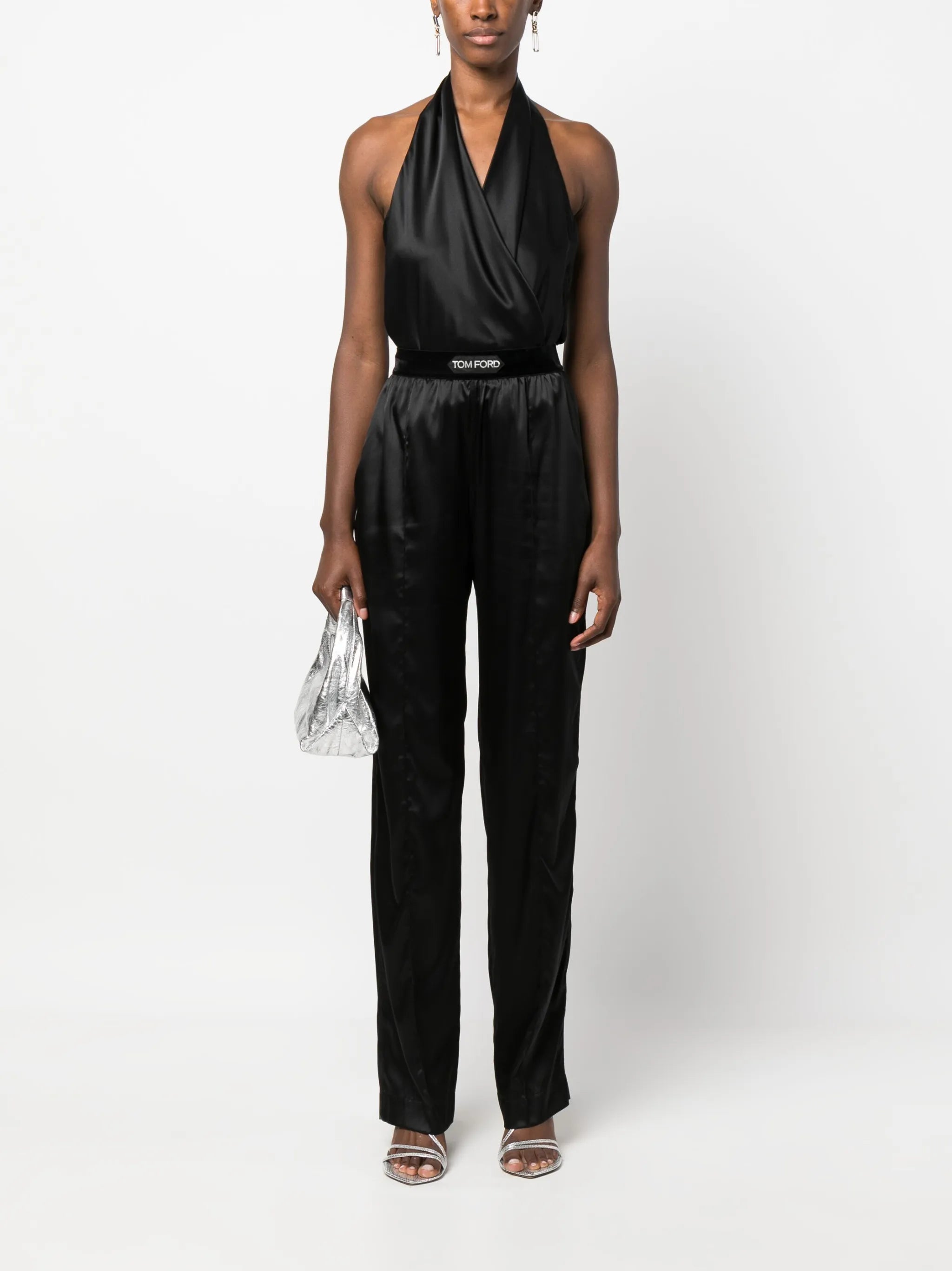 high-waisted straight-leg silk trousers