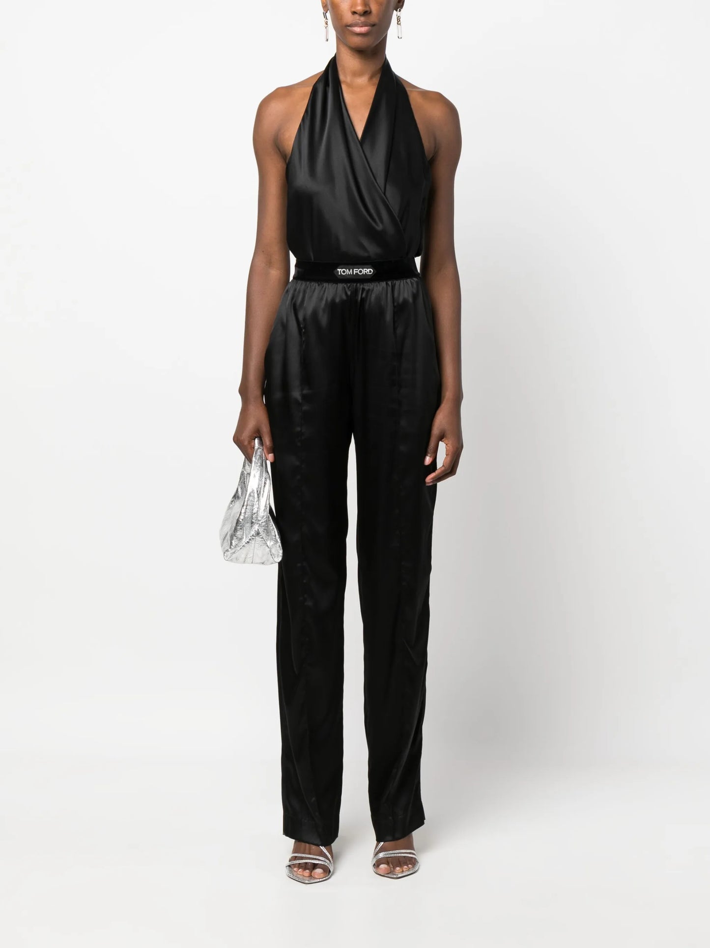 high-waisted straight-leg silk trousers