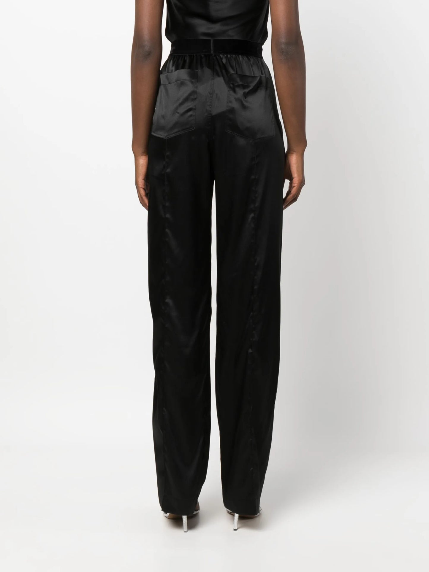 high-waisted straight-leg silk trousers
