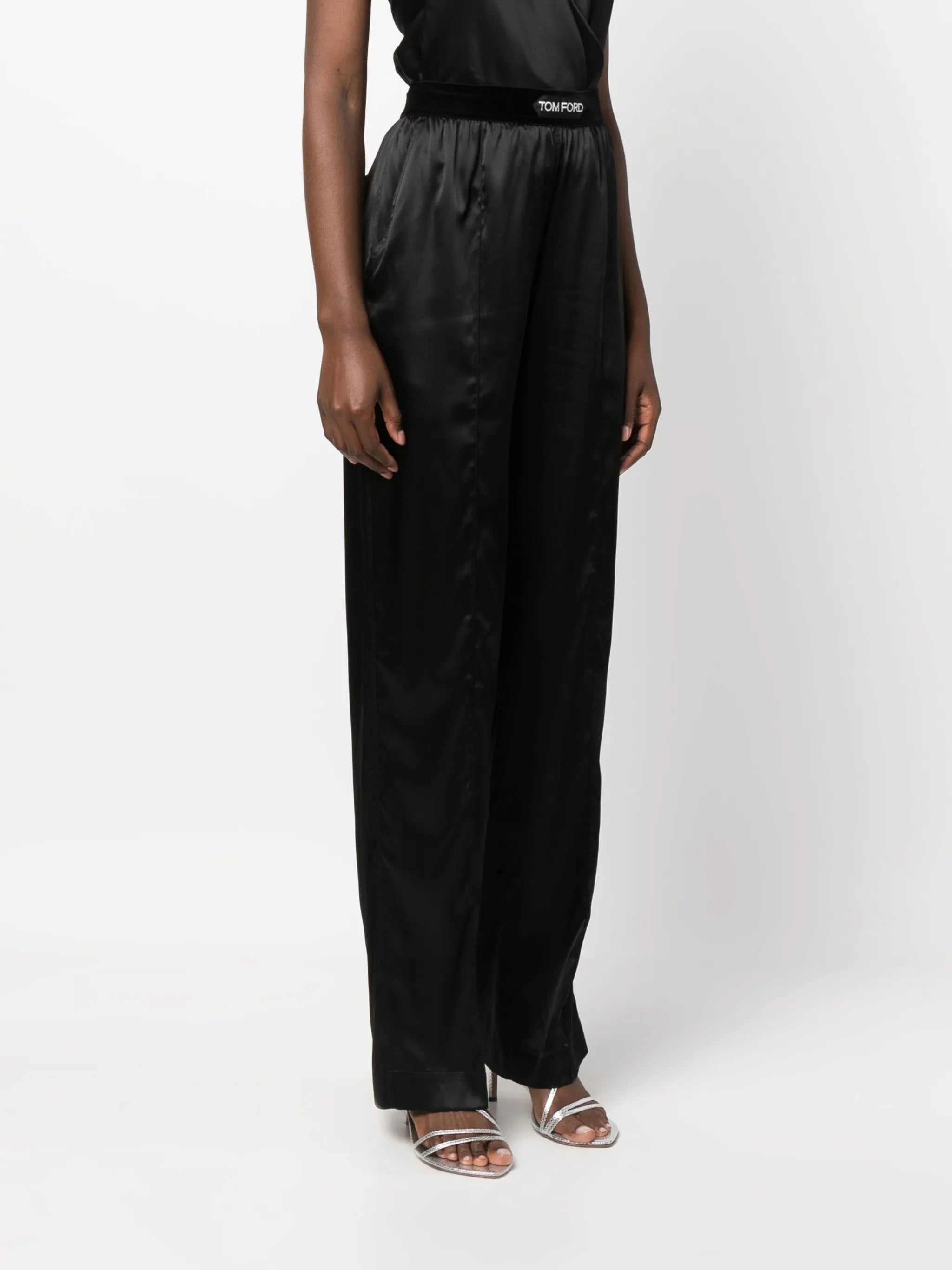 high-waisted straight-leg silk trousers