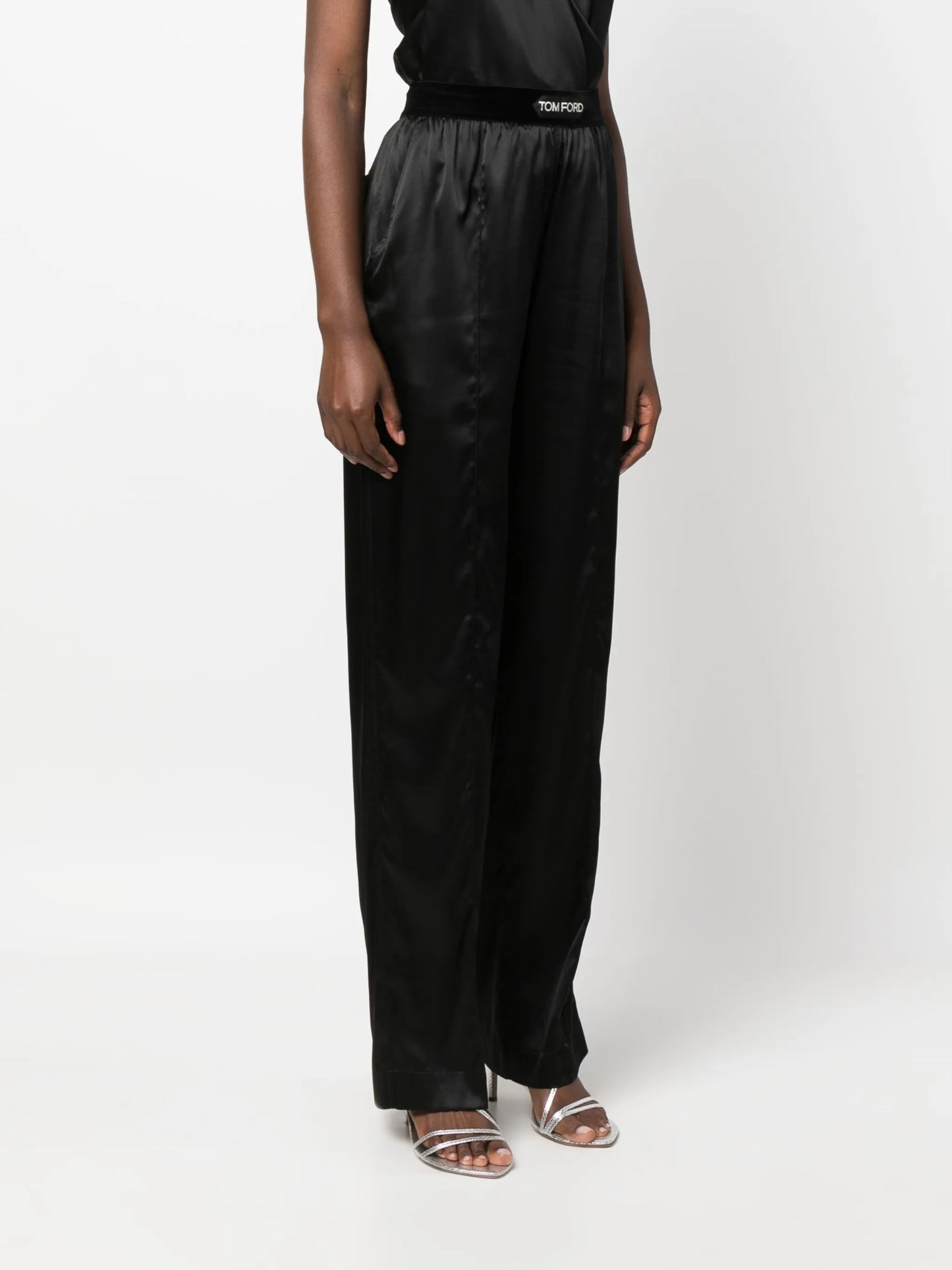 high-waisted straight-leg silk trousers