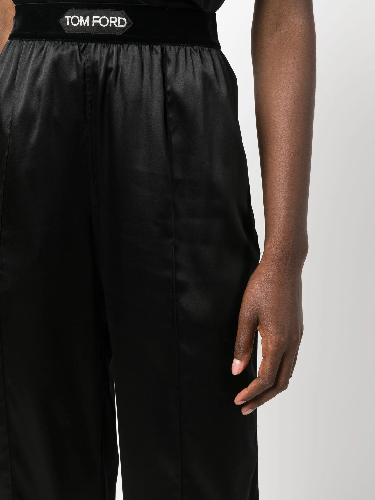 high-waisted straight-leg silk trousers