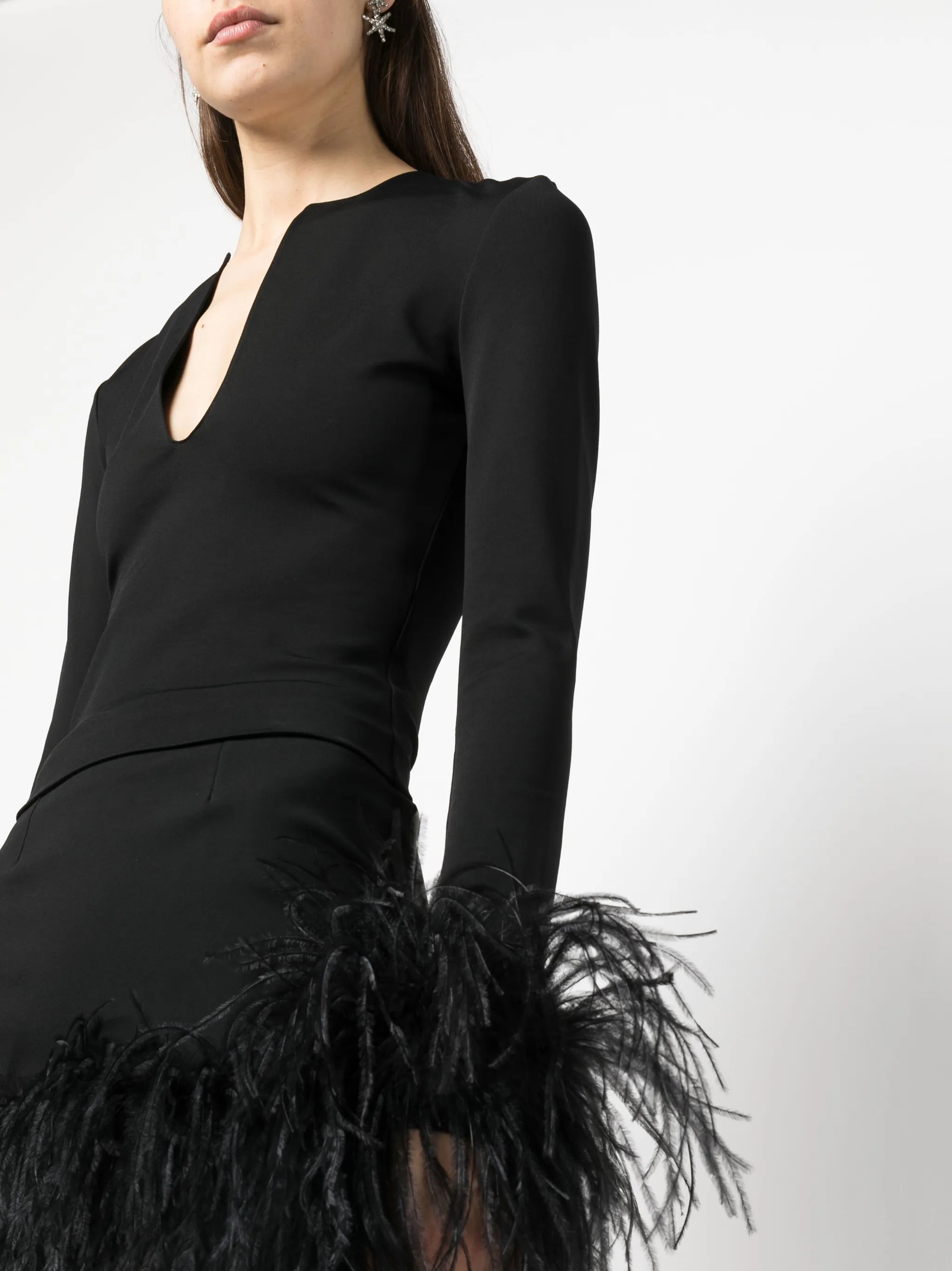 plunge-neck feather-trim top