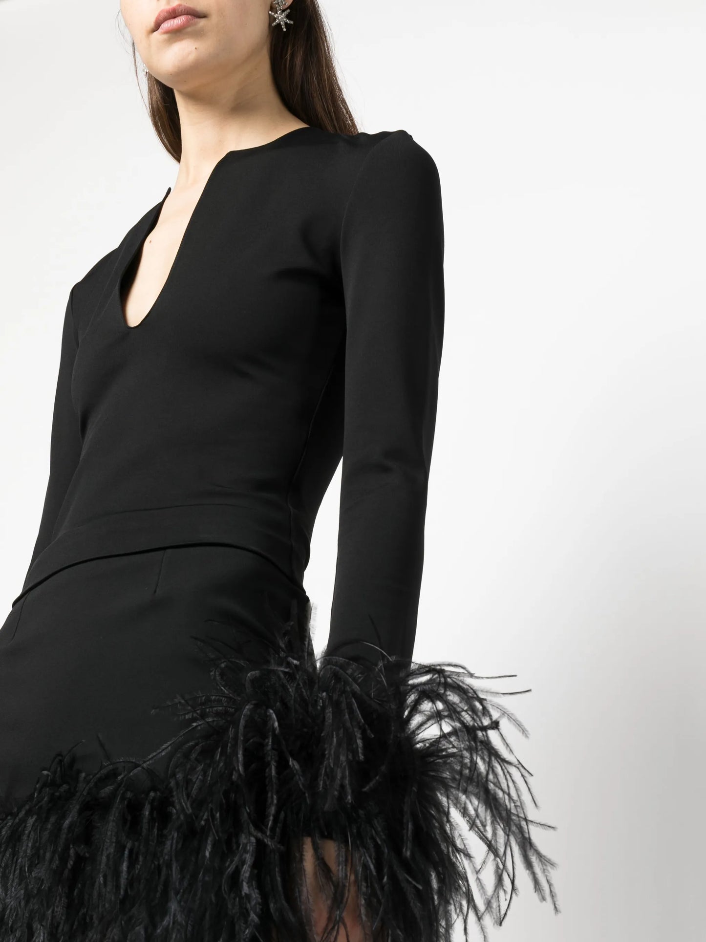plunge-neck feather-trim top