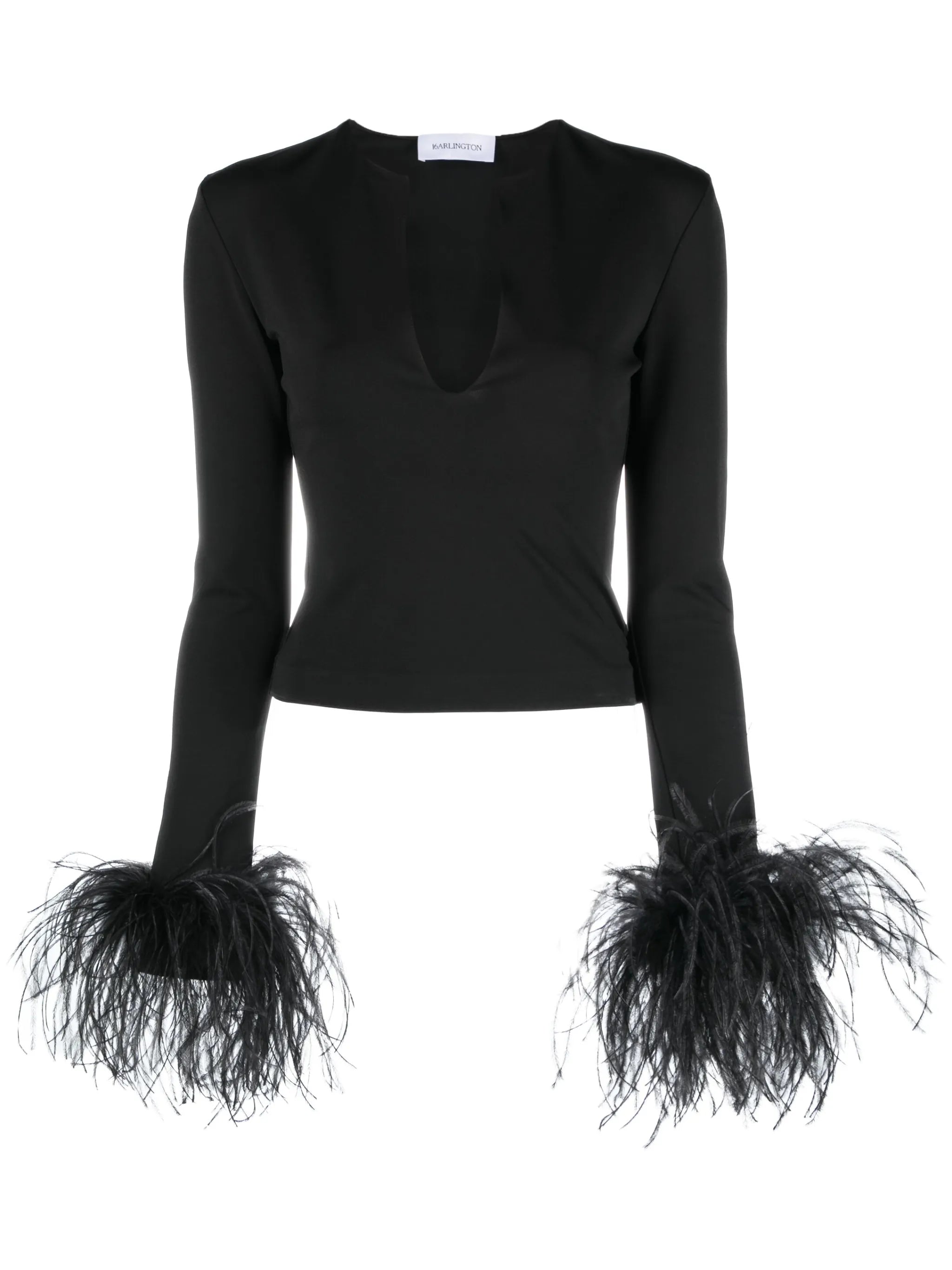 plunge-neck feather-trim top