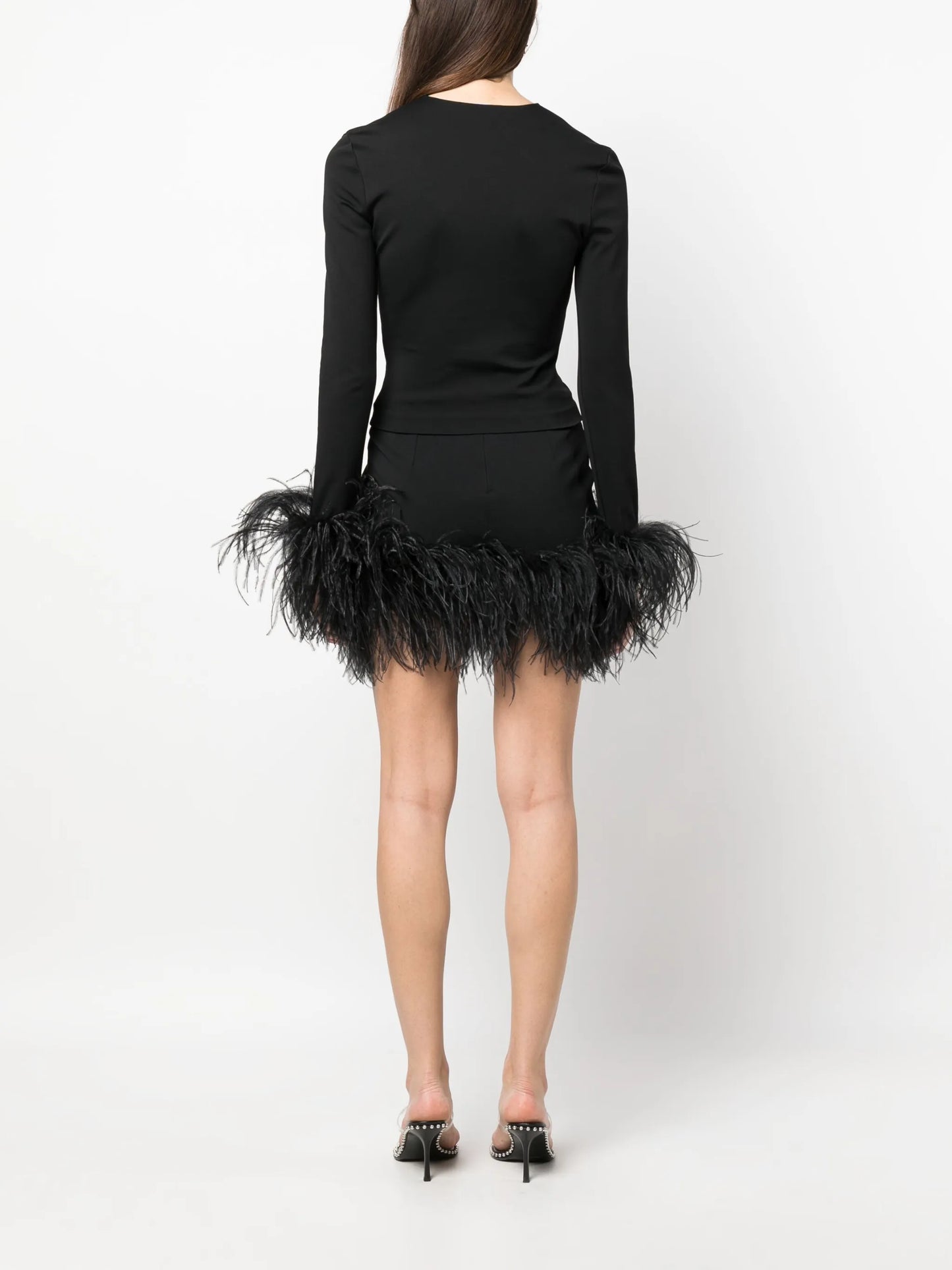 plunge-neck feather-trim top