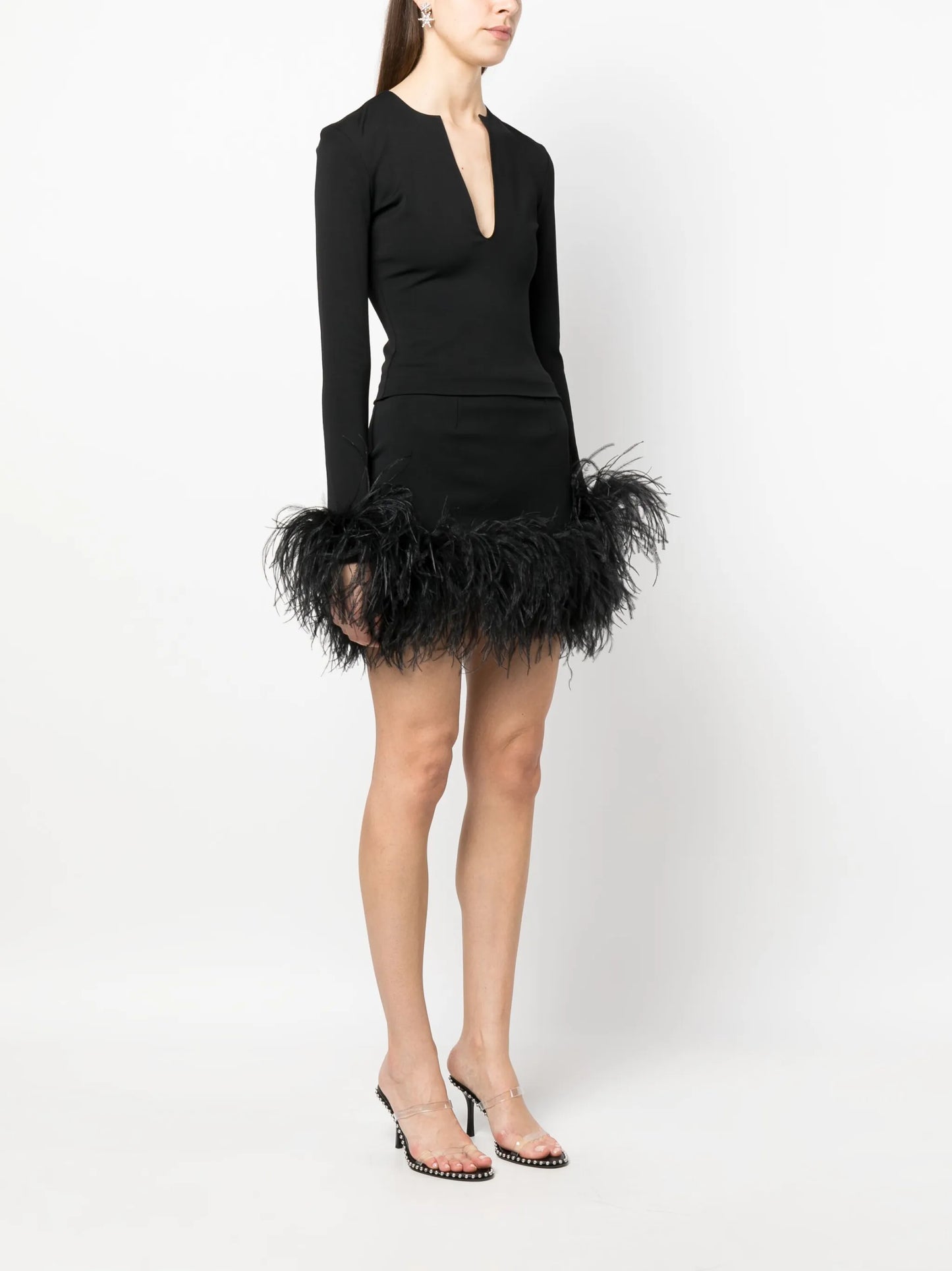 plunge-neck feather-trim top