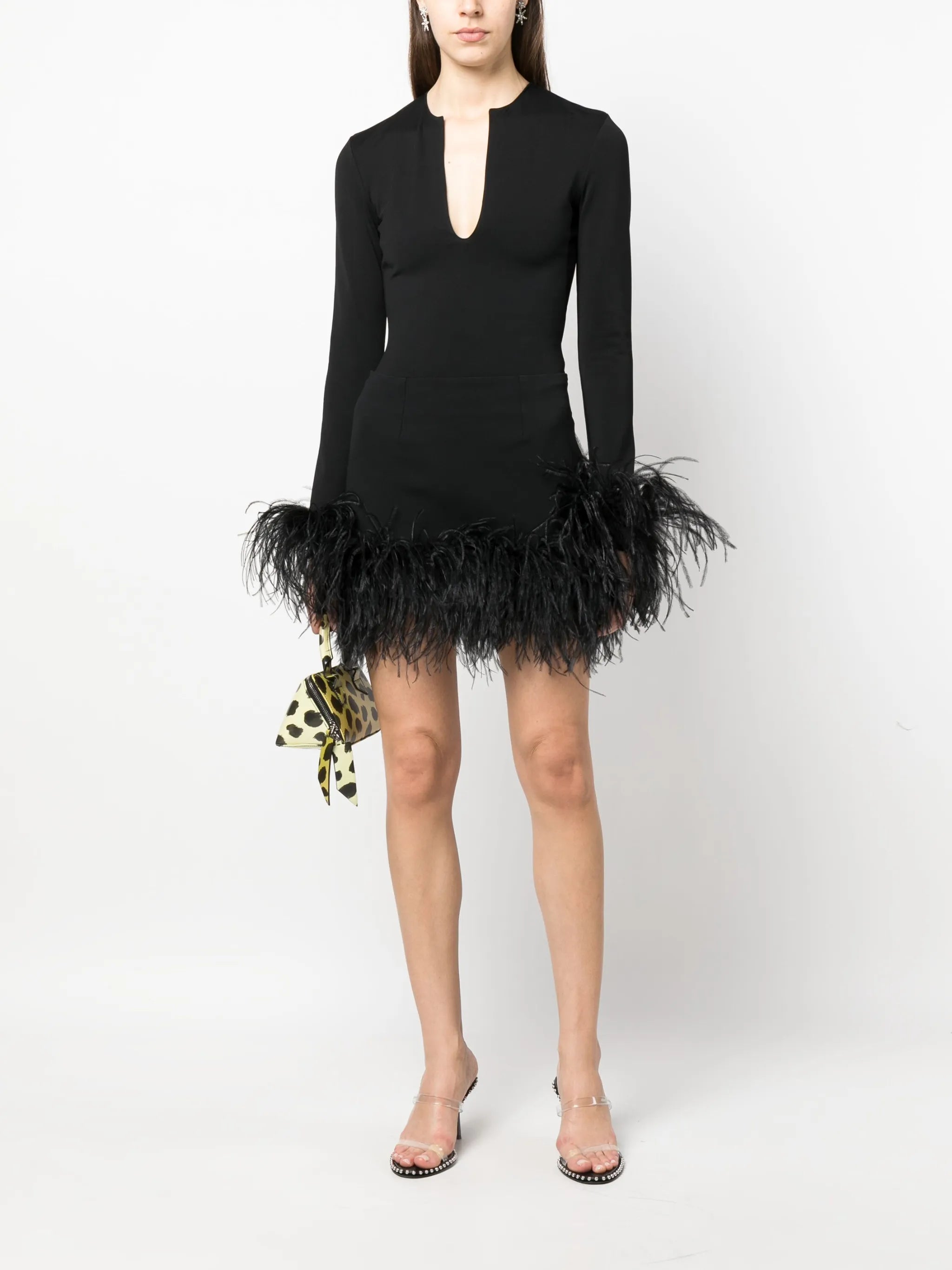 plunge-neck feather-trim top
